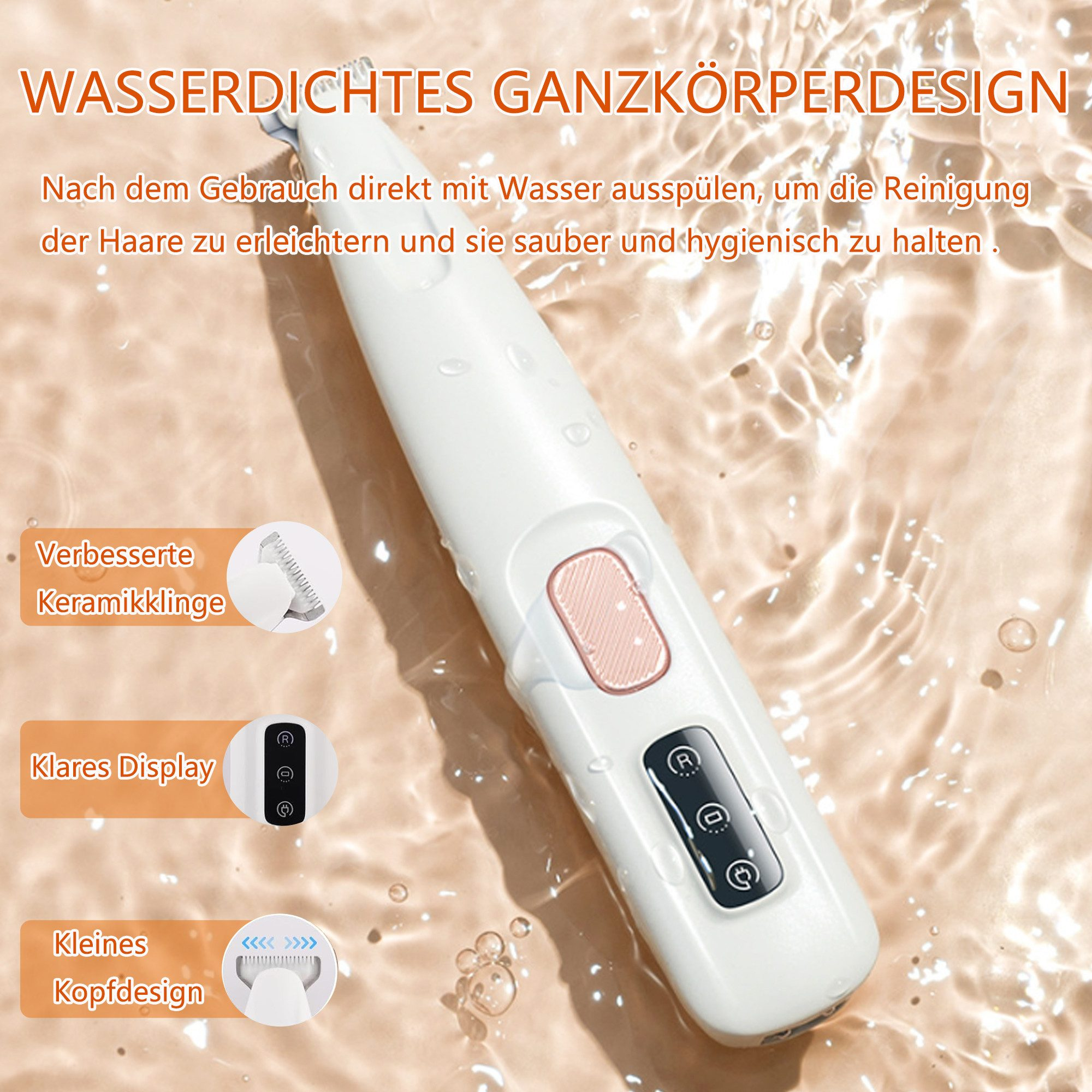 Weißer elektrischer Rasierer mit rosa Akzenten und übersichtlichem Display. Text weist auf wasserdichtes Design hin.