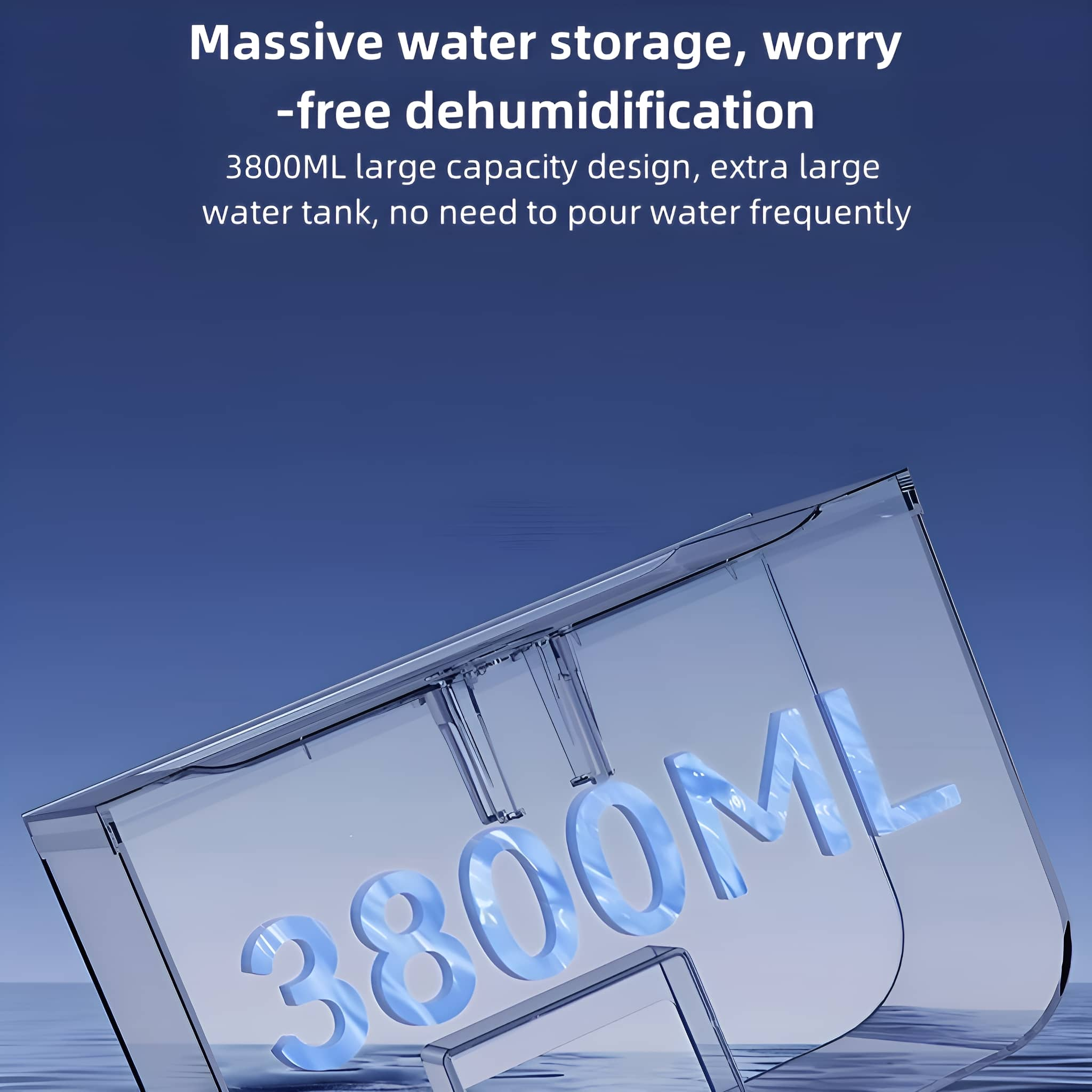 Transparenter Luftentfeuchtertank mit blauem Text '3800ML' auf blauem Hintergrund.