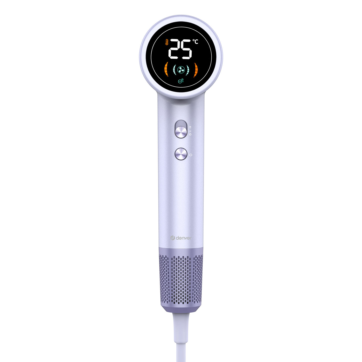 Un dispositivo per lo styling dei capelli bianco e viola con display digitale. Ha impostazioni di temperatura e tempo.
