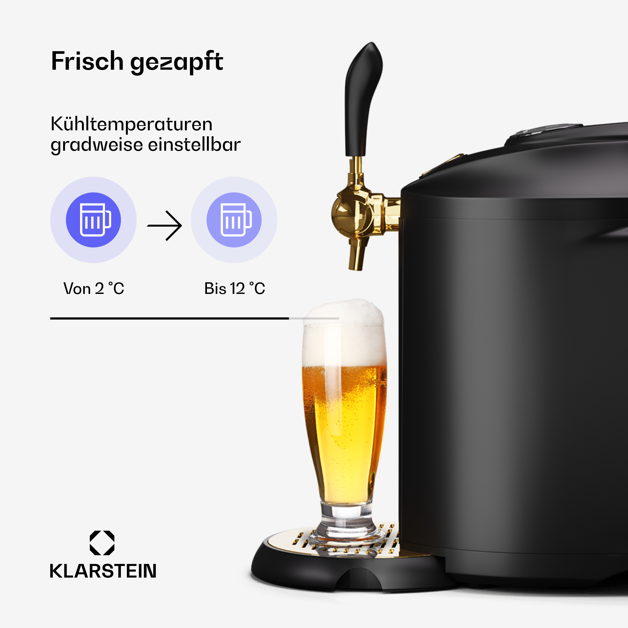 Bierzapfanlage, die Bier in ein Glas ausgibt. Die Maschine ist schwarz. Die Temperatur ist von 2°C bis 12°C einstellbar.