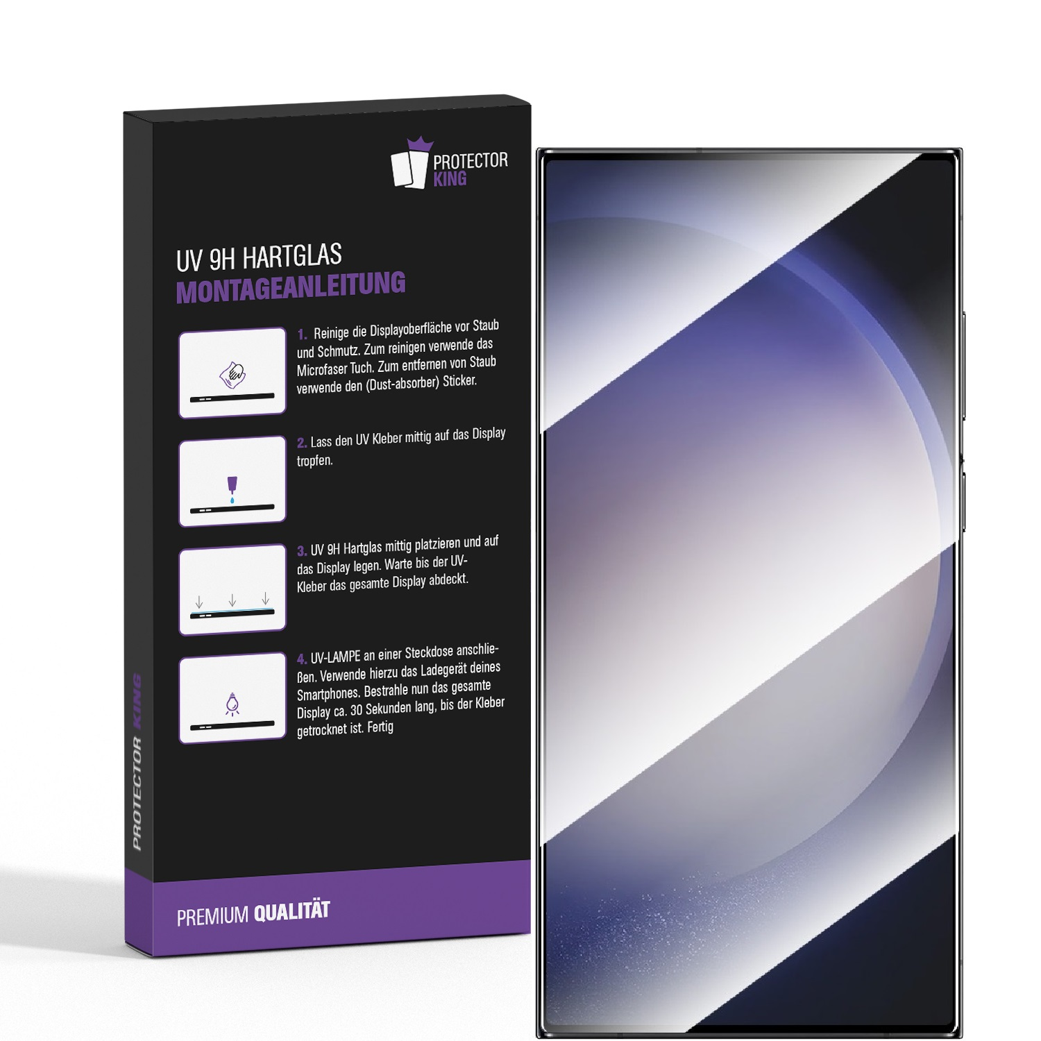 Eine Produktbox und ein Smartphone. Die Box zeigt Installationsanweisungen für eine Displayschutzfolie.