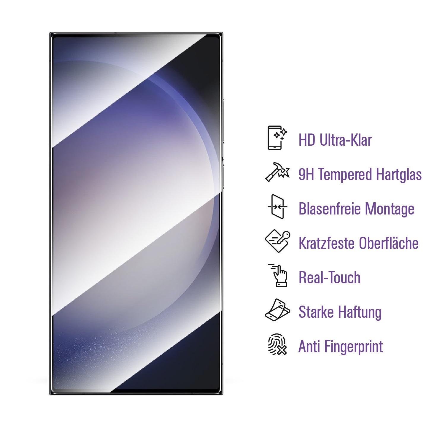 Smartphone-Displayschutz mit Symbolen für HD-Klarheit, gehärtetes Glas, Anti-Fingerprint usw.