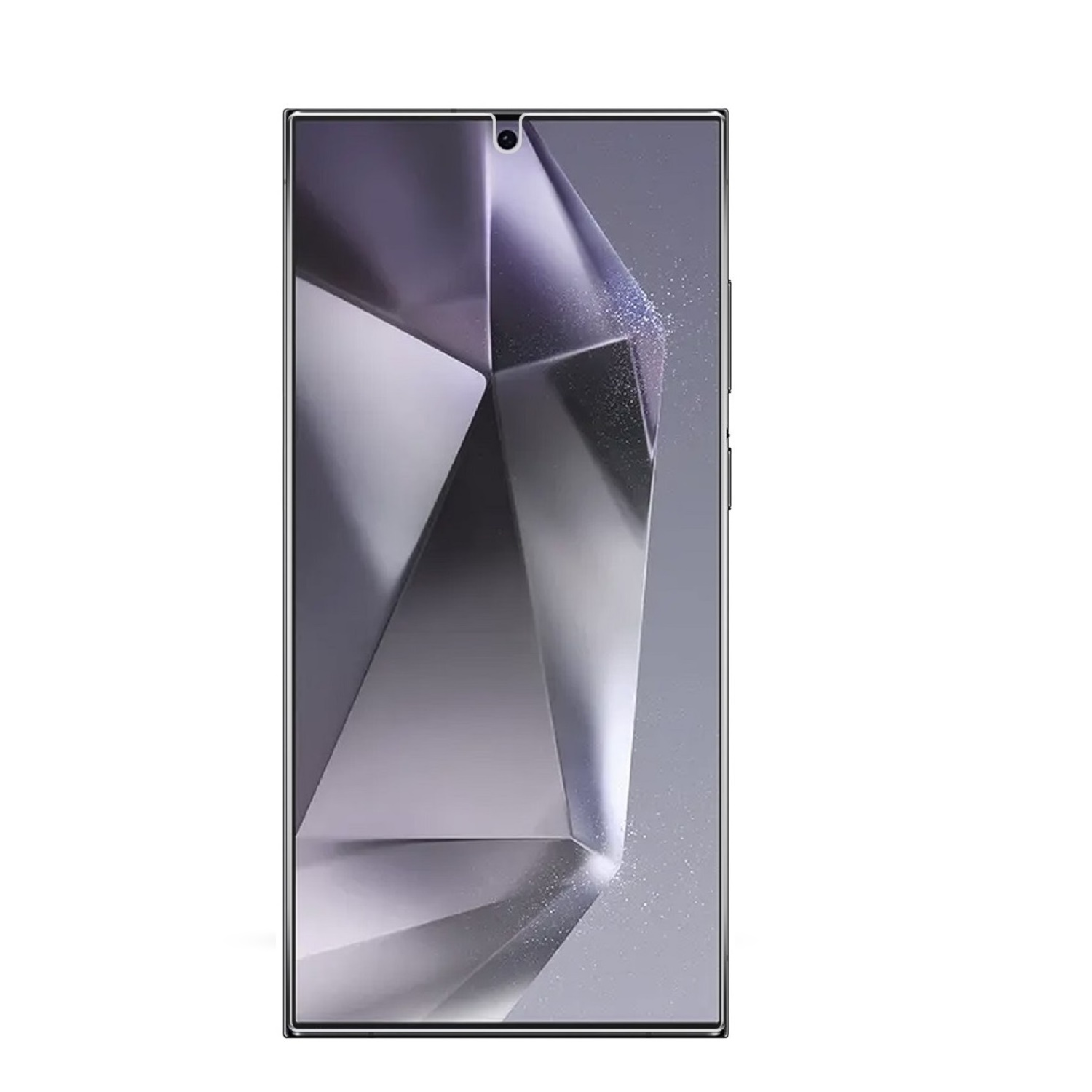 Ein Smartphone mit facettenreichem Design und einem Bildschirm, der ein modernes, abstraktes Bild zeigt.