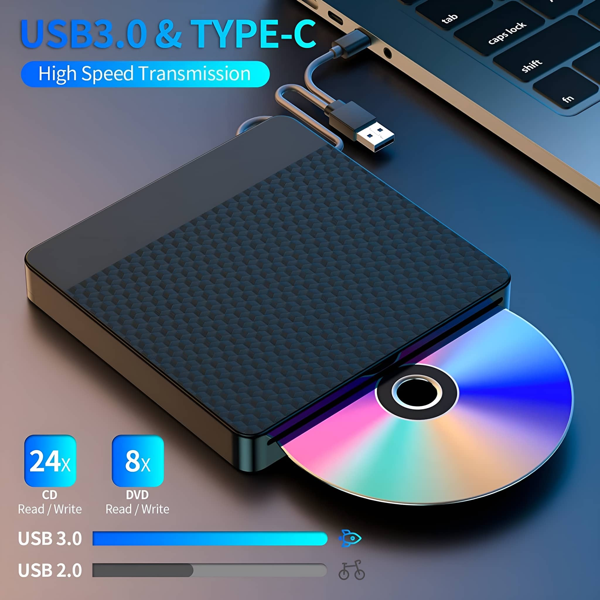 Ein schwarzes externes DVD-Laufwerk mit einer CD. Das Laufwerk hat einen USB 3.0- und einen USB 2.0-Anschluss.