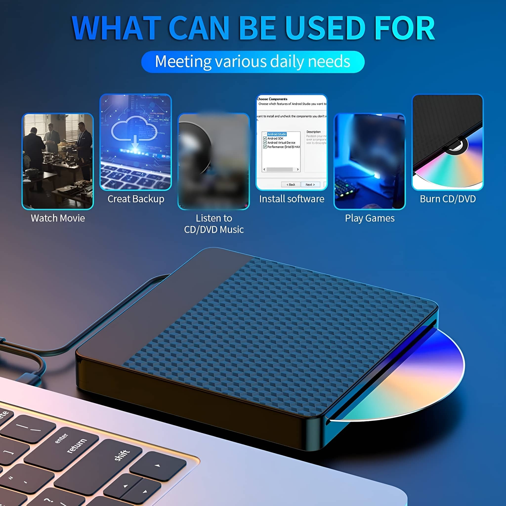 Ein Laptop mit CD/DVD-Laufwerk, mit verschiedenen Symbolen, die Anwendungen zeigen.
