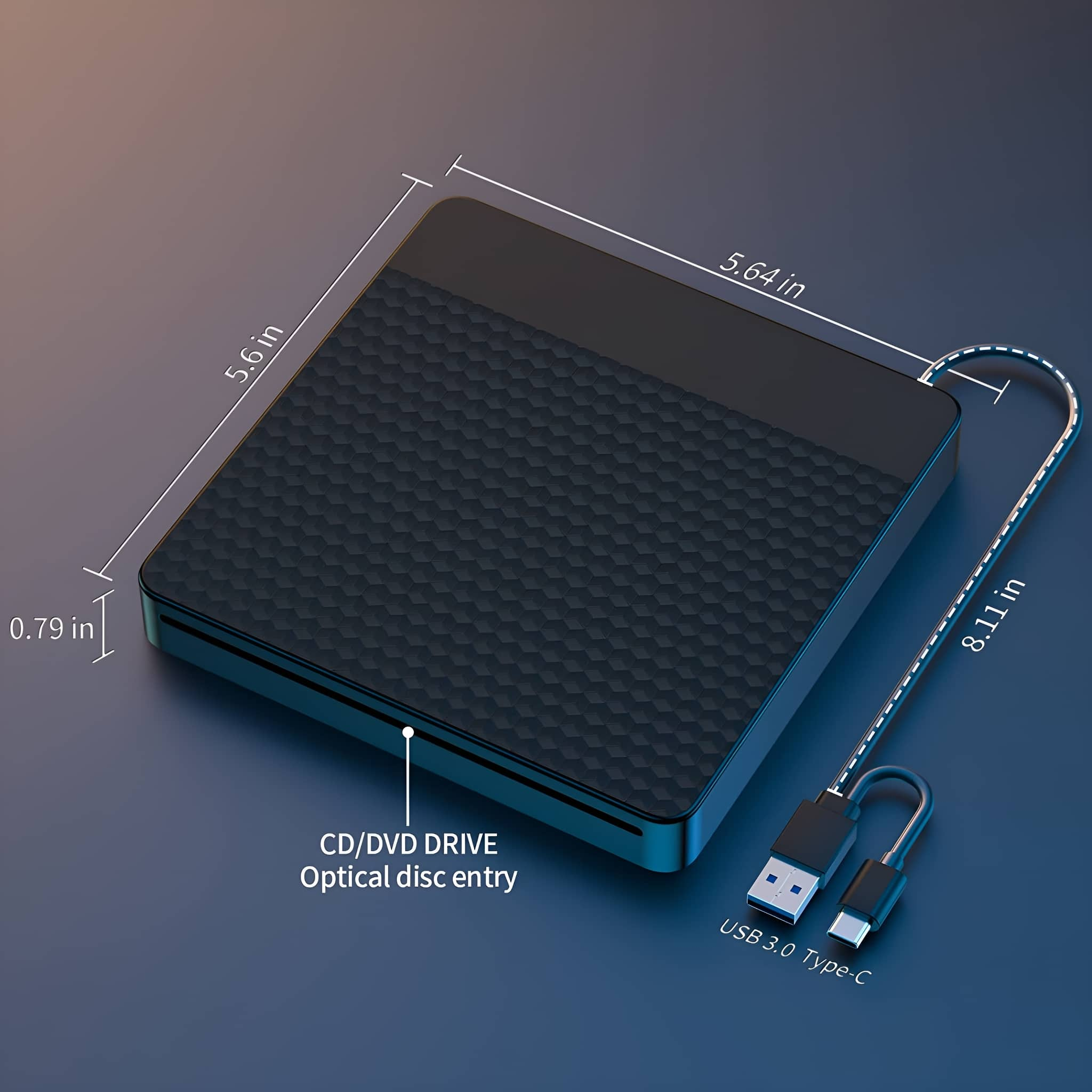 Schwarzes und dunkelblaues CD/DVD-Laufwerk mit Abmessungen und USB-Kabel.