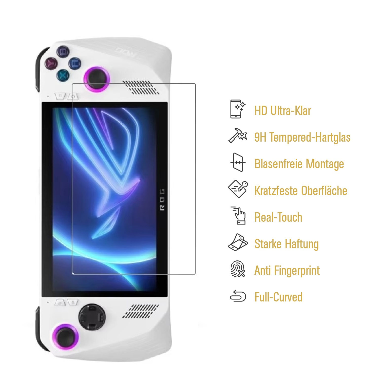 Weißes Handheld-Spielgerät mit angebrachtem Displayschutz. Mit Tasten und einem Bildschirm.
