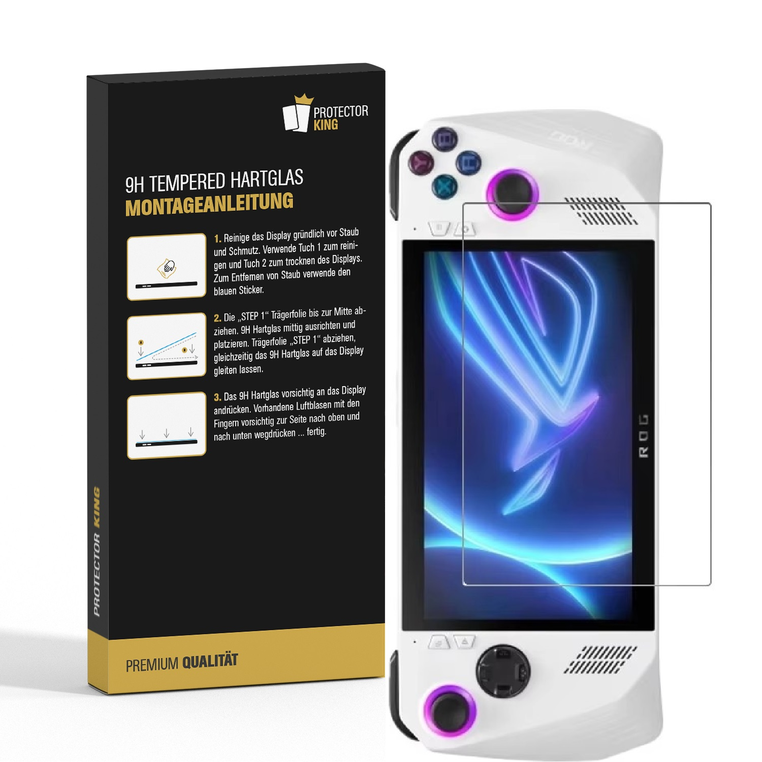Ein weißes ROG-Gaming-Gerät mit Displayschutzfolie und einer Box mit Anweisungen. Eine Glasschutzfolie ist auf dem Gerät platziert.