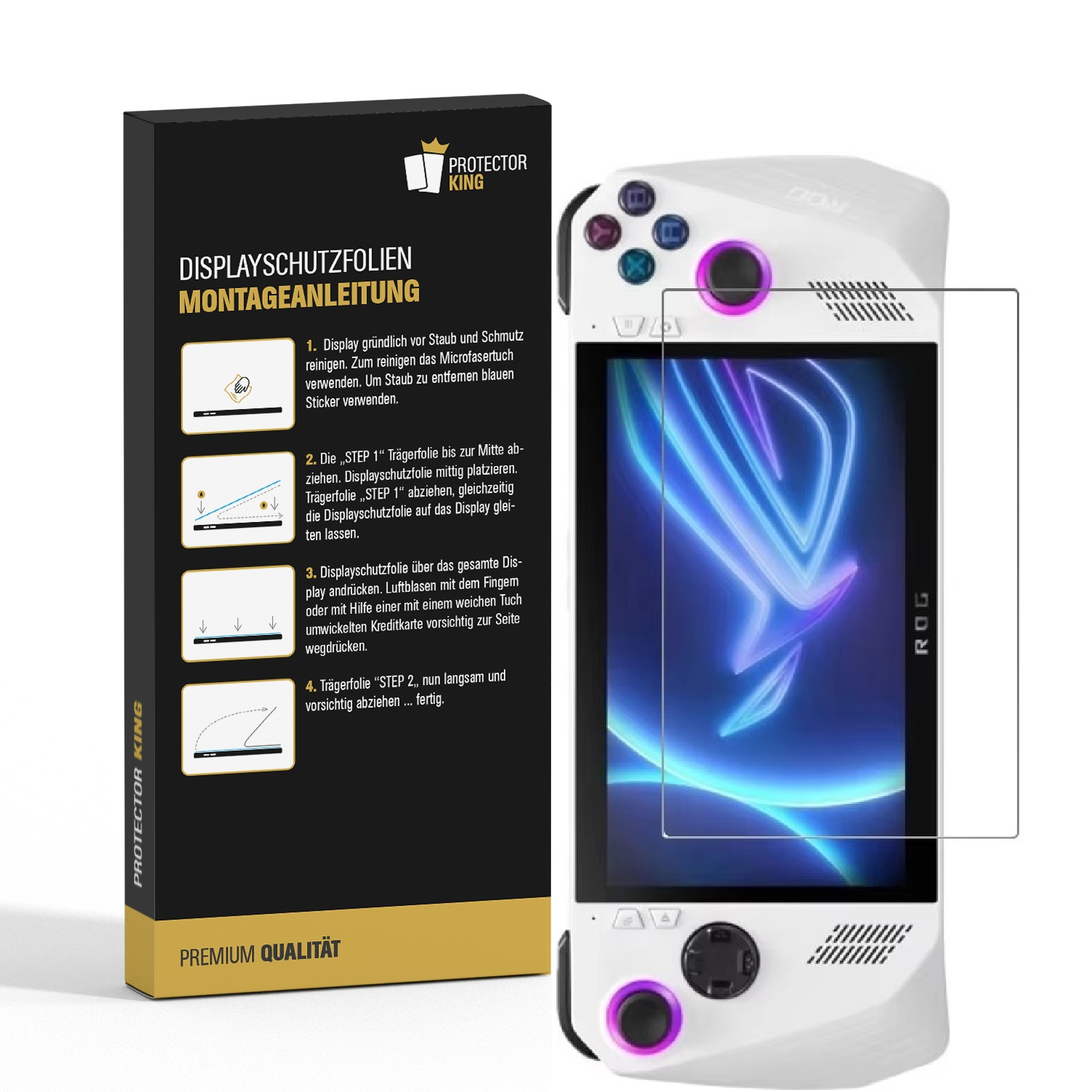 Eine Spielekonsole mit einem Displayschutz-Kit, mit Anweisungen auf der linken Seite.