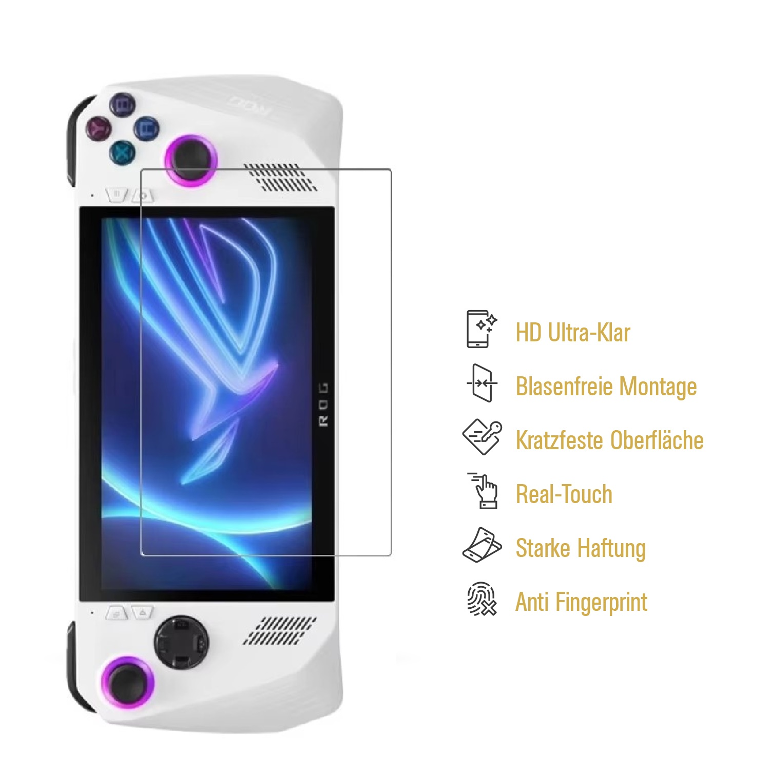 Weißes Handheld-Spielgerät mit Displayschutz. Das Gerät hat Knöpfe und eine Schutzfolie.