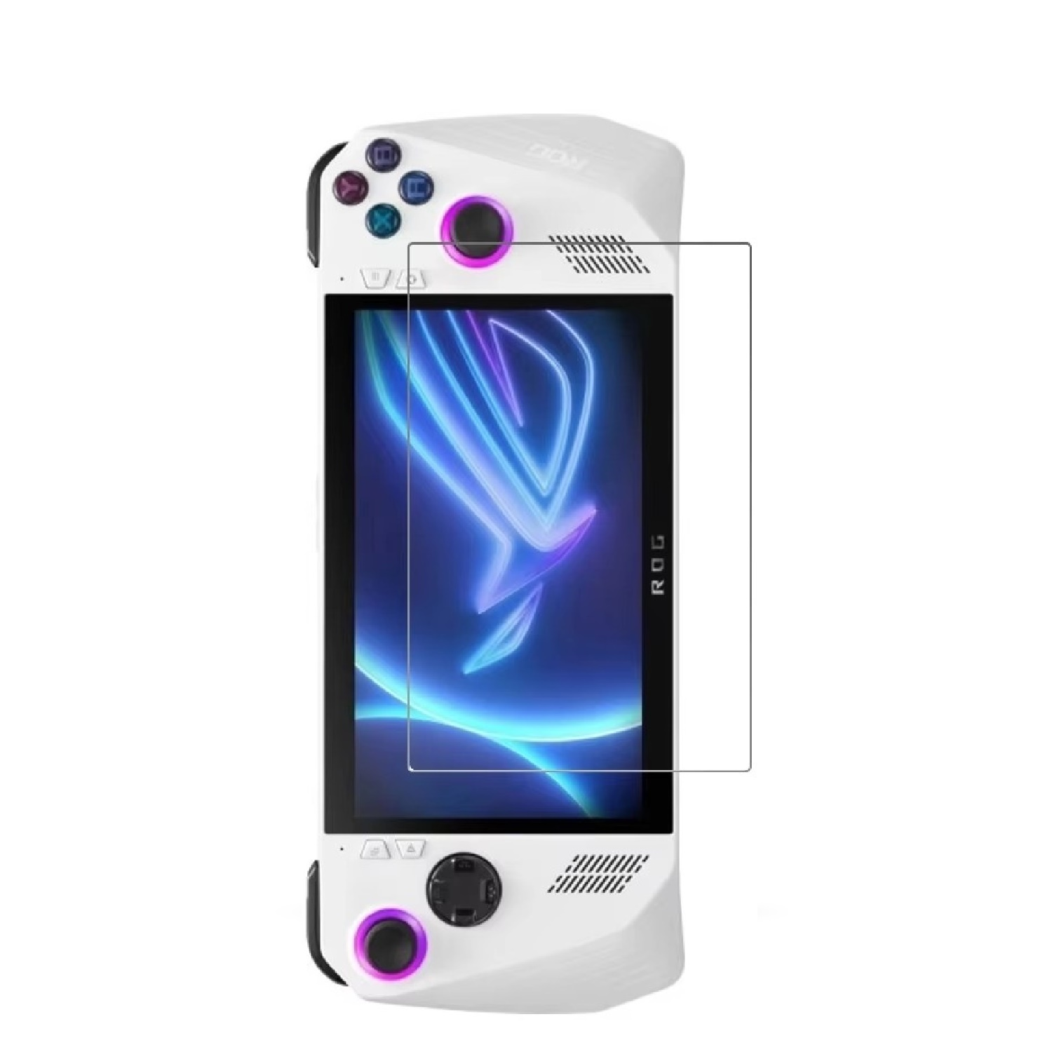 Ein Handheld-Gaming-Gerät, weiß mit schwarzen Bedienelementen und Displayschutzfolie.