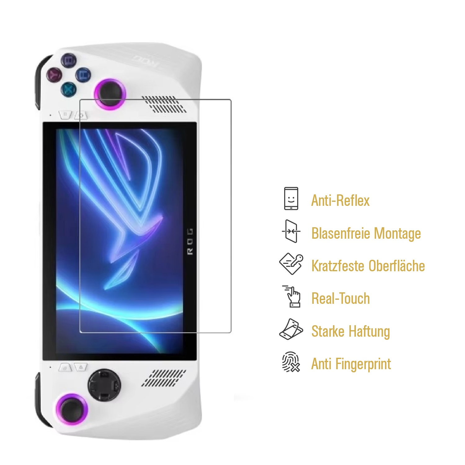 Weiße Spielekonsole mit Displayschutz, zeigt Funktionen wie Anti-Reflex und Real-Touch.