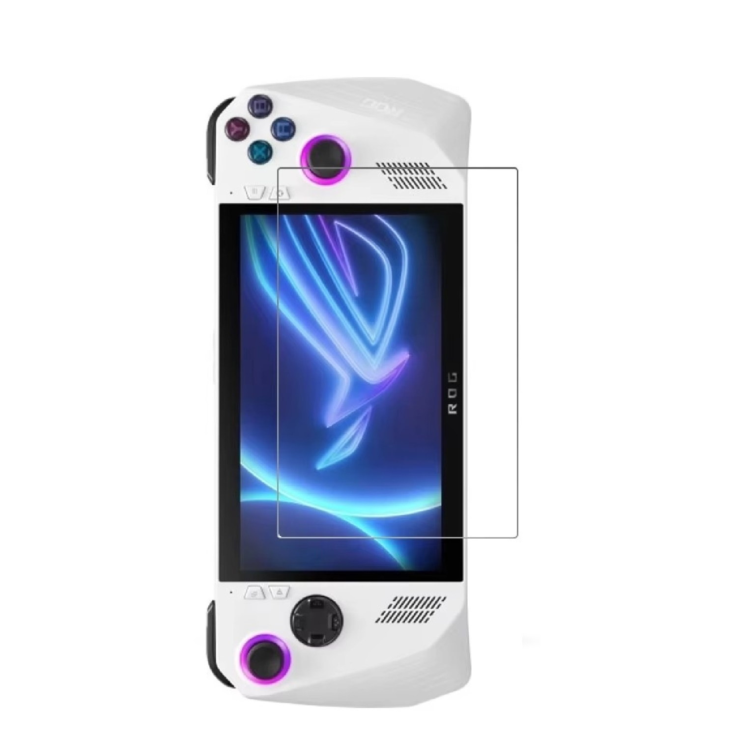 Ein weißes Handheld-Gaming-Gerät mit angebrachter Displayschutzfolie. Lila und blaue Akzente.
