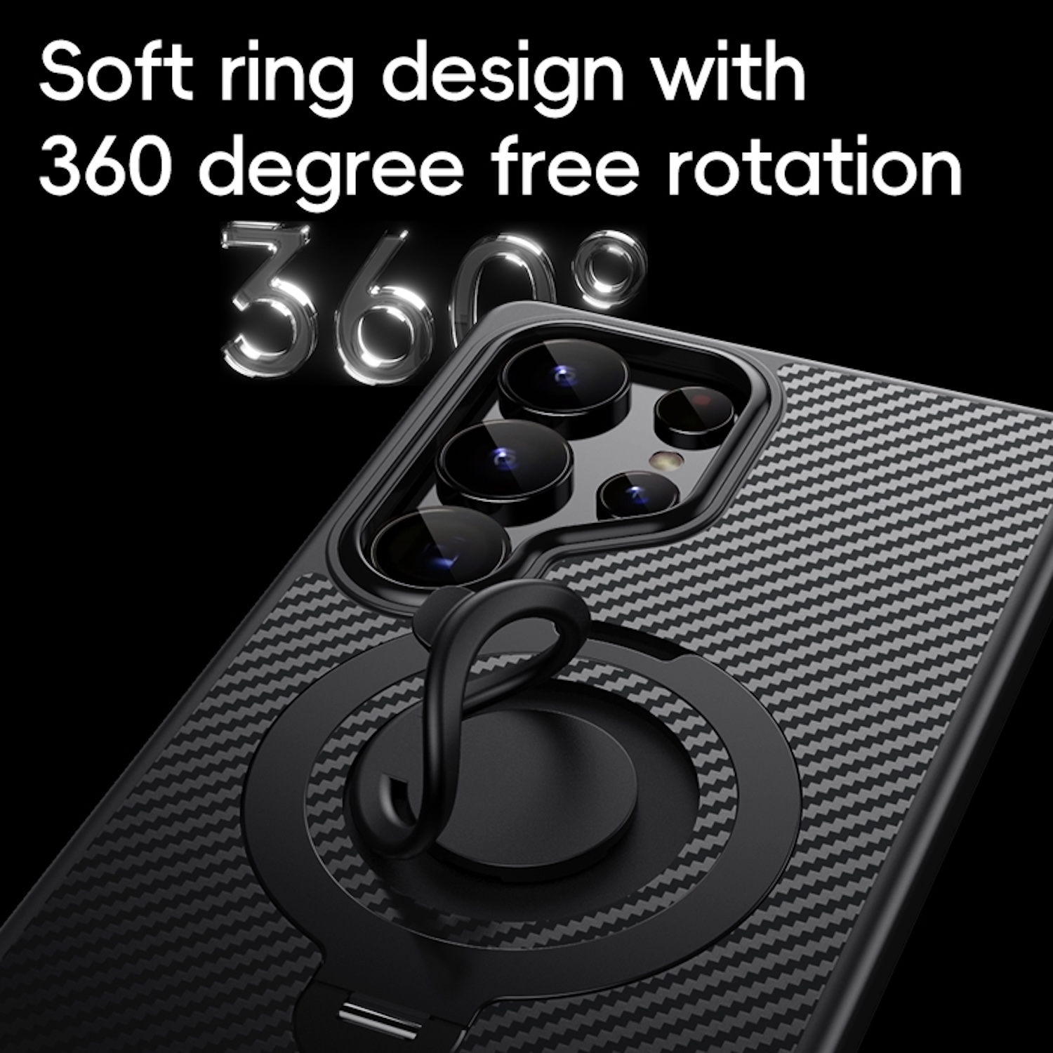 Eine Handyhülle mit Ring, und ein Hintergrund mit der Zahl 360 in Chrom.