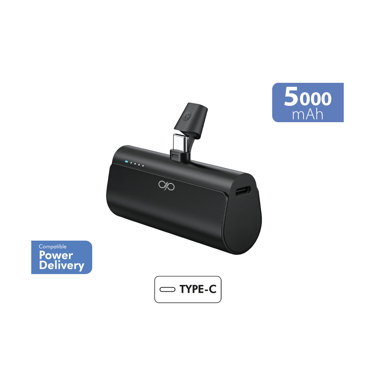 Une batterie externe portable noire avec un port de charge et un logo de distribution d'énergie.