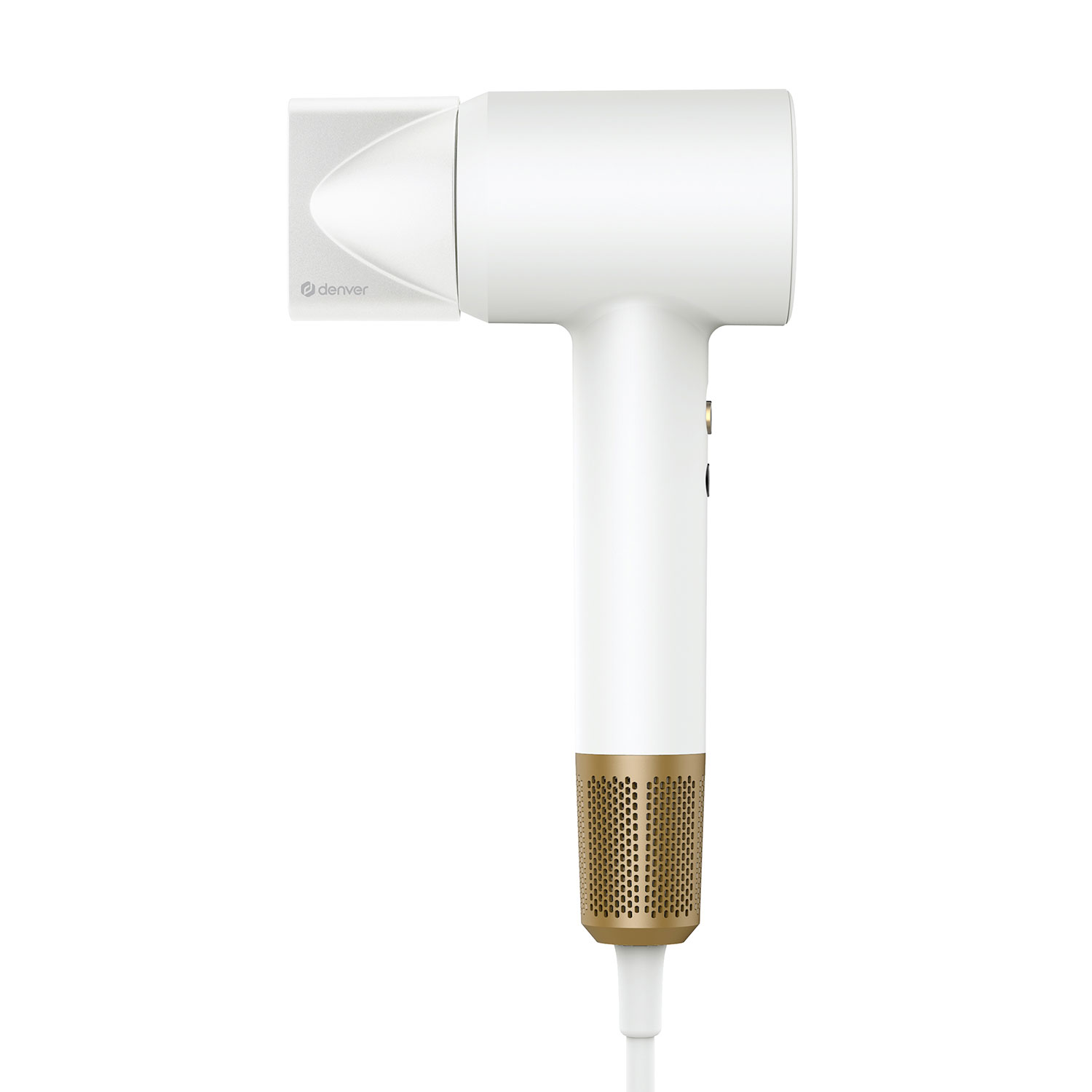 Biała suszarka do włosów ze złotymi detalami. Ma dyszę i przewód zasilający.