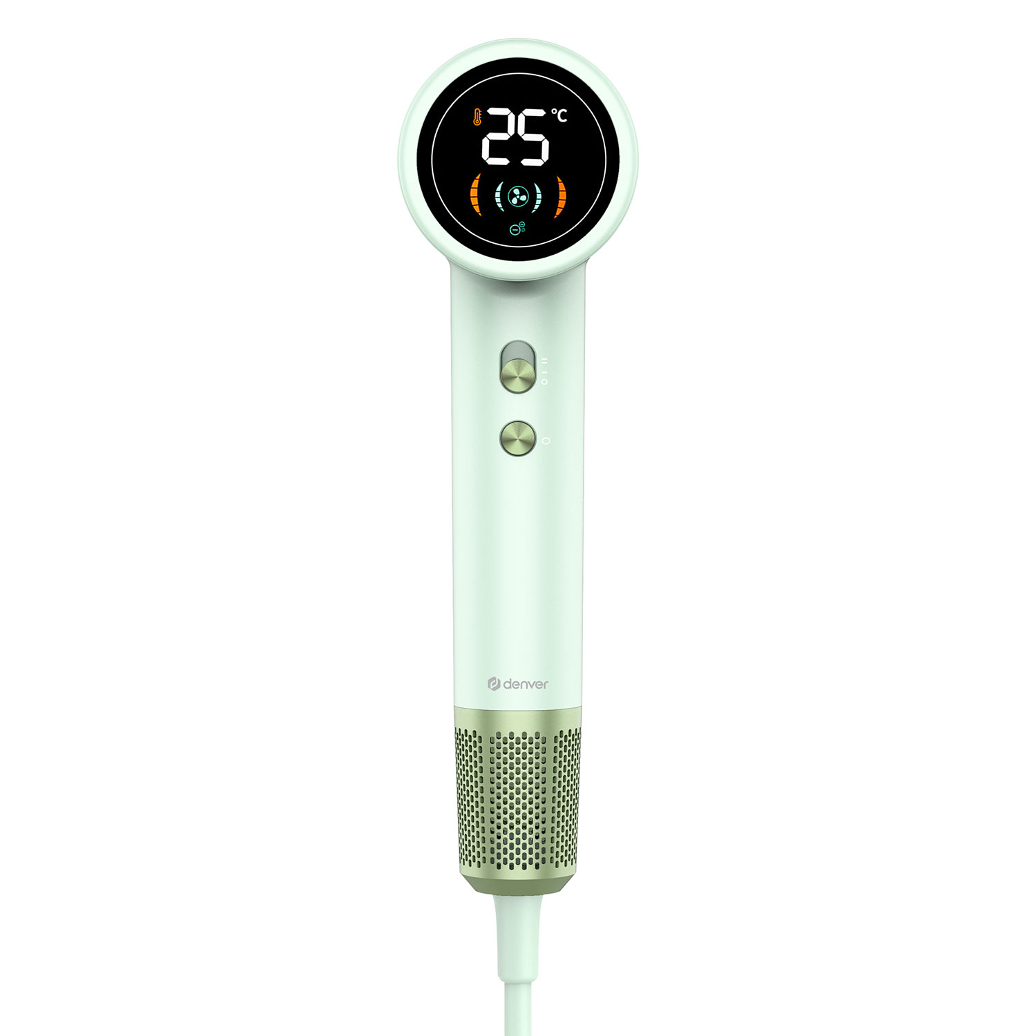 Ein mintgrüner Haartrockner mit digitaler Anzeige, weißem Kabel, weißem Hintergrund.