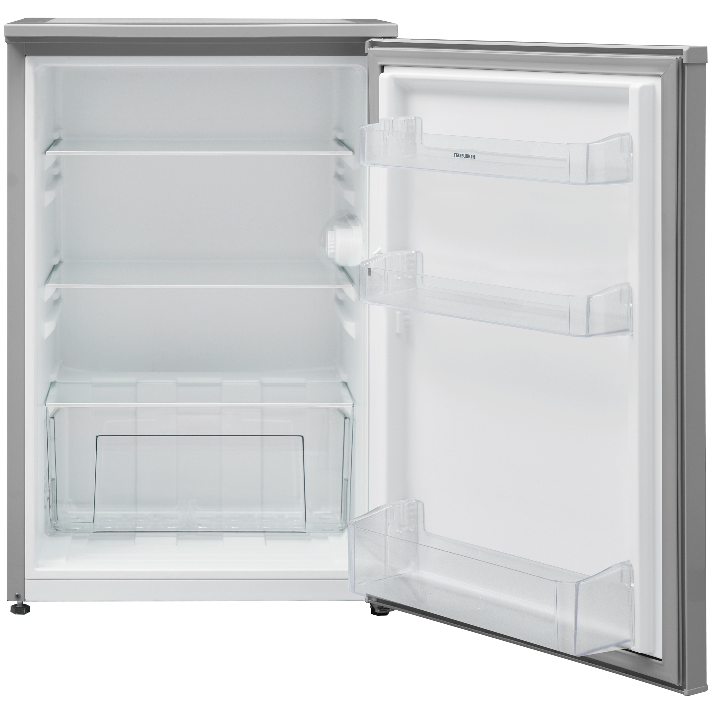 Ein silberner Mini-Kühlschrank mit geöffneter Tür, zeigt Regale und Innenraum.