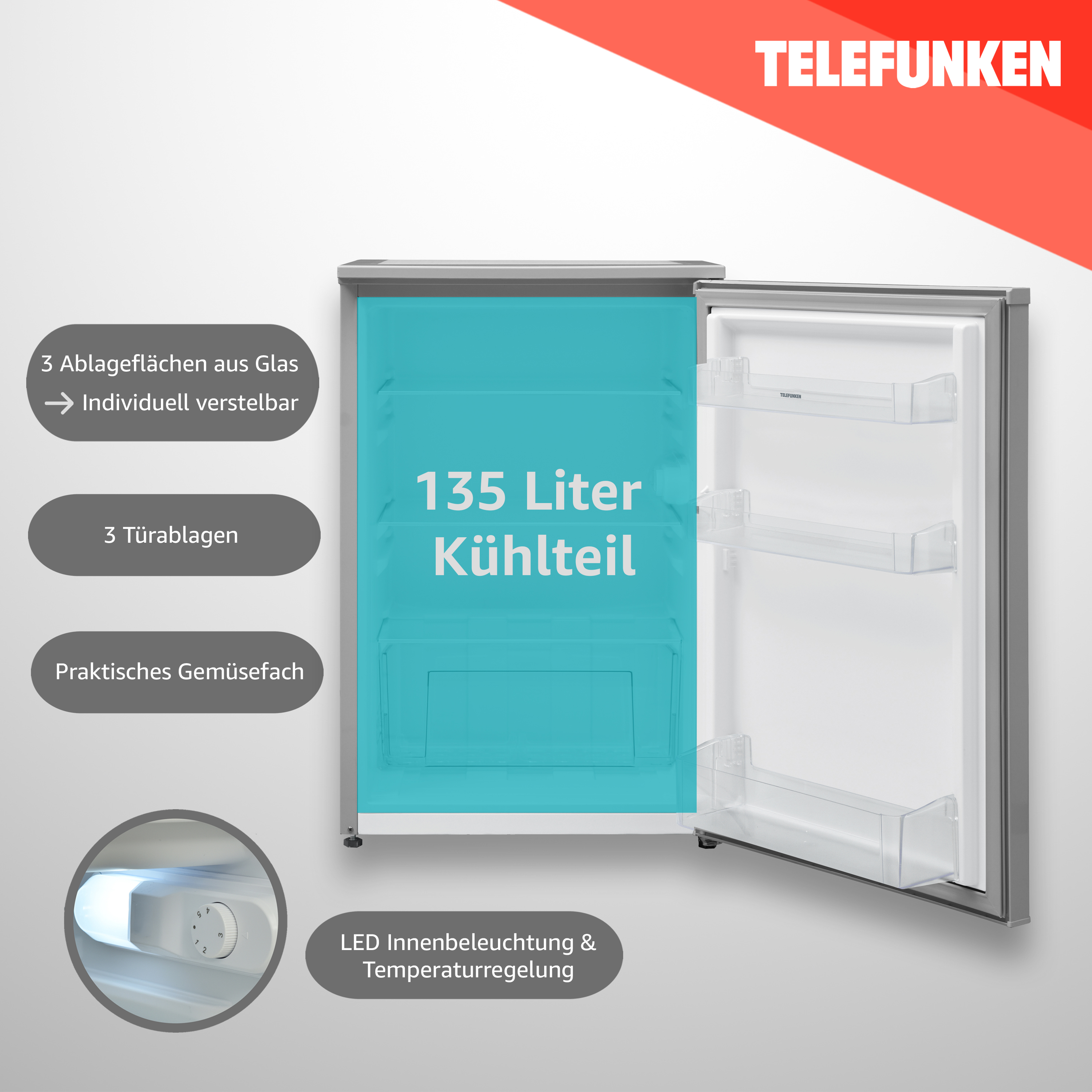 Ein Minikühlschrank mit offener Tür, die Regale zeigt. Text: 135 Liter Kühltail.
