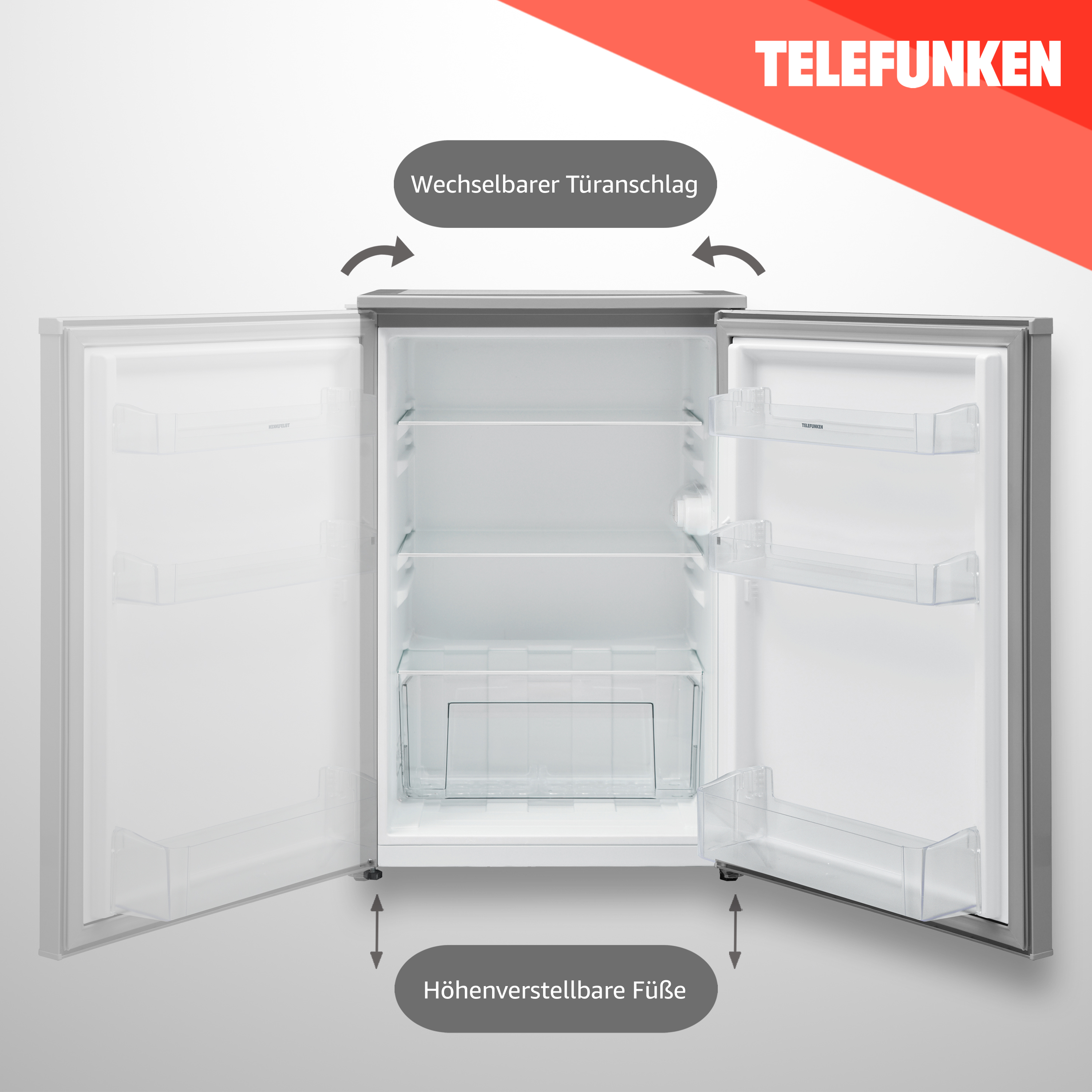 Ein silberner Kühlschrank mit offenen Türen, Regalen und beschrifteten Teilen.