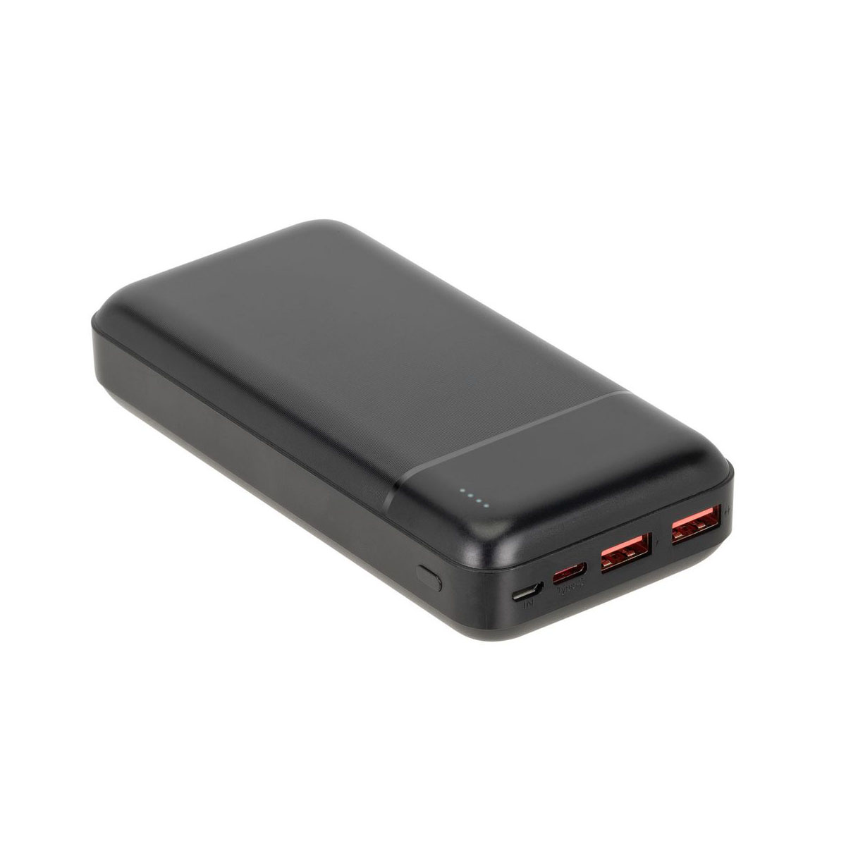 Czarny power bank z wieloma portami USB z boku. Ma elegancki design i matowe wykończenie.