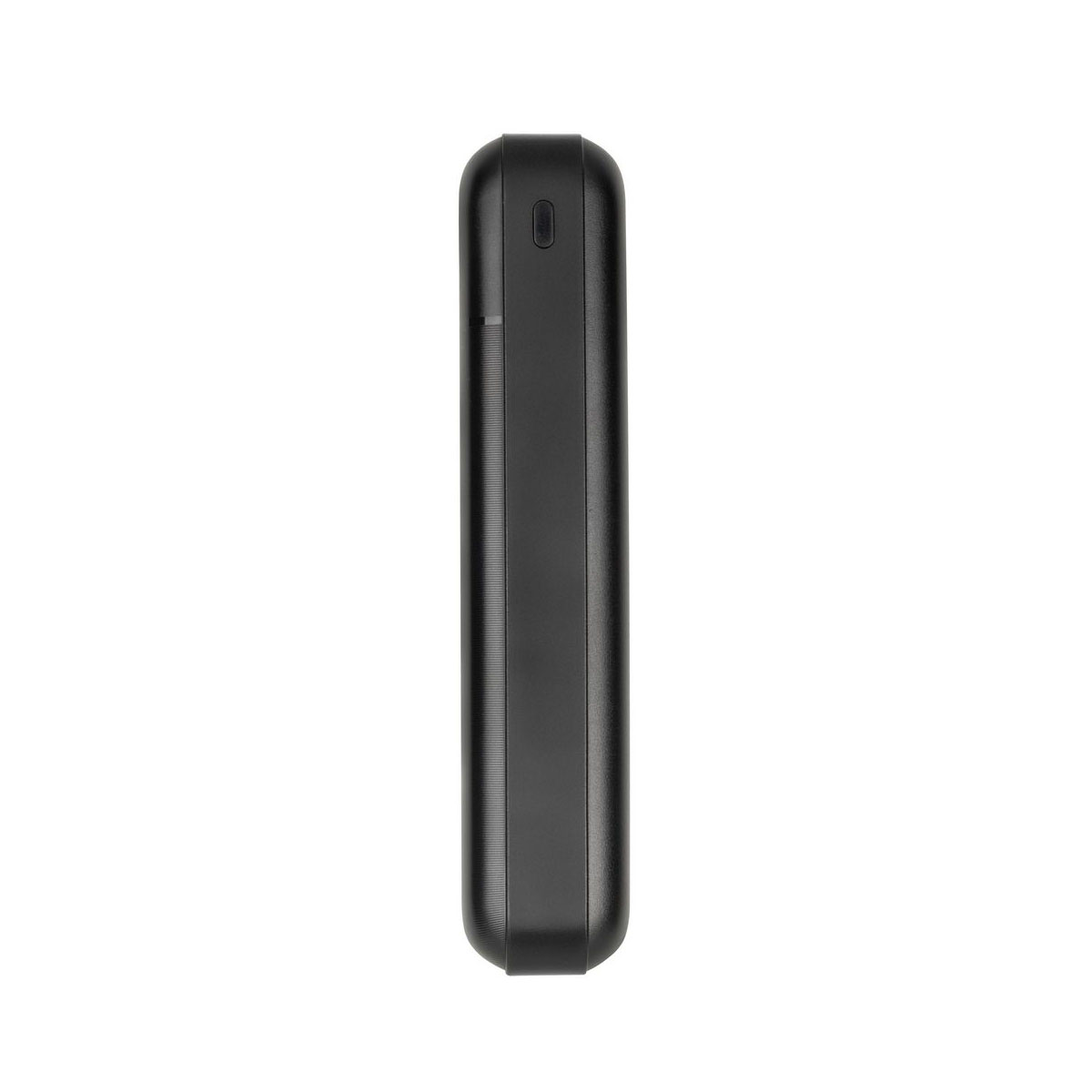 Elegancki, czarny power bank, widok z boku, na białym tle.