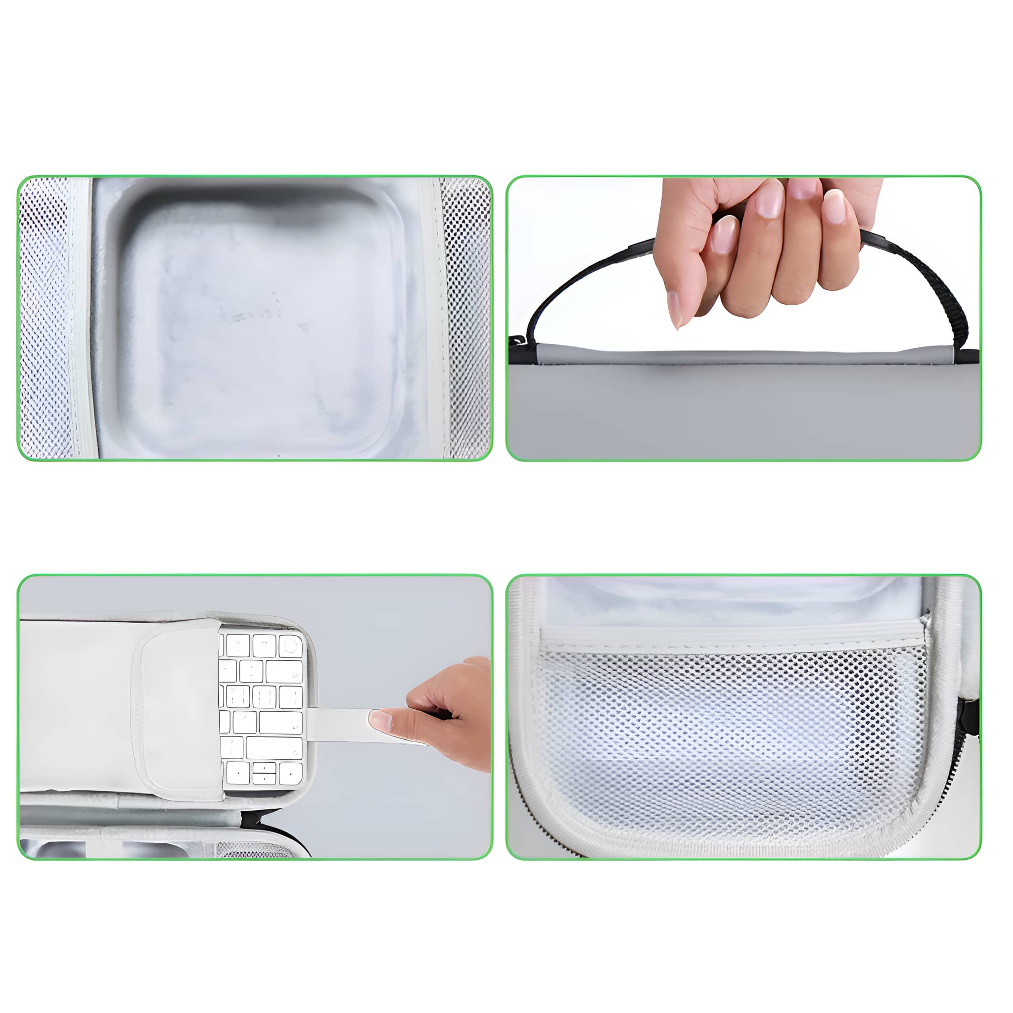 Eine Tastatur-Tragetasche mit mehreren Ansichten, die ihr Inneres, den Griff und eine Netztasche zeigen.