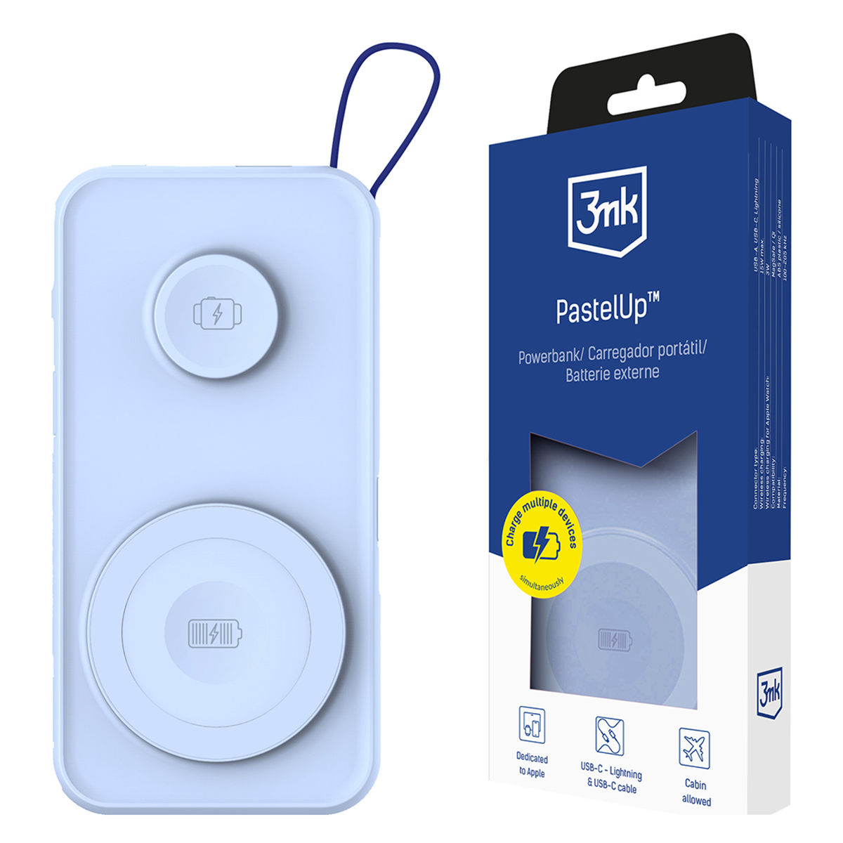 Niebieski power bank z podkładkami ładującymi i portami USB w pudełku.