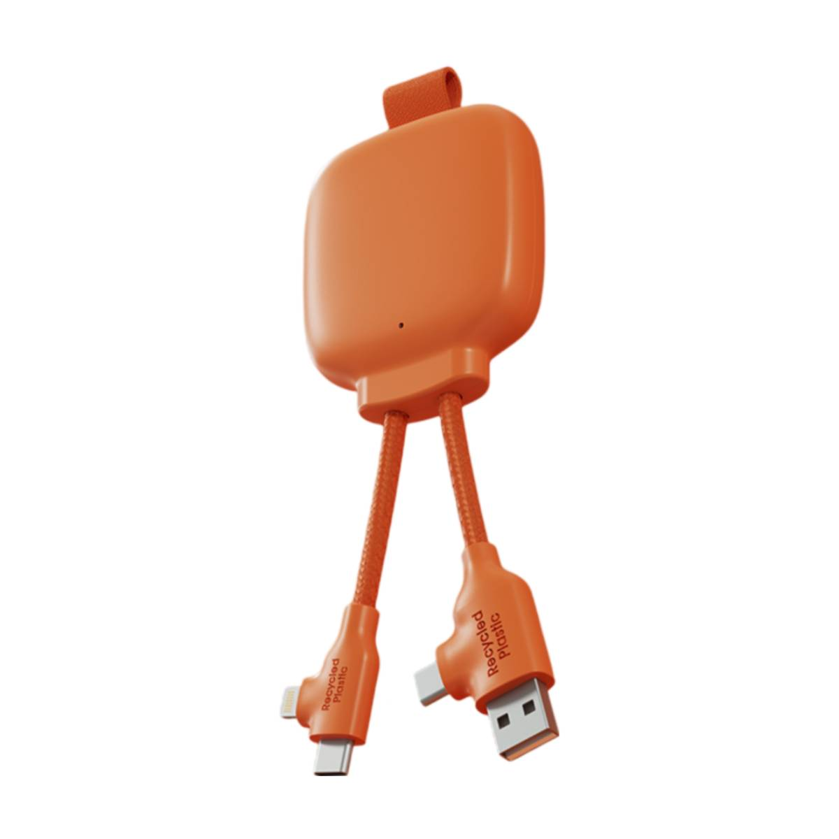 Cavo di ricarica arancione a doppio connettore con USB e Lightning. Sfondo bianco.