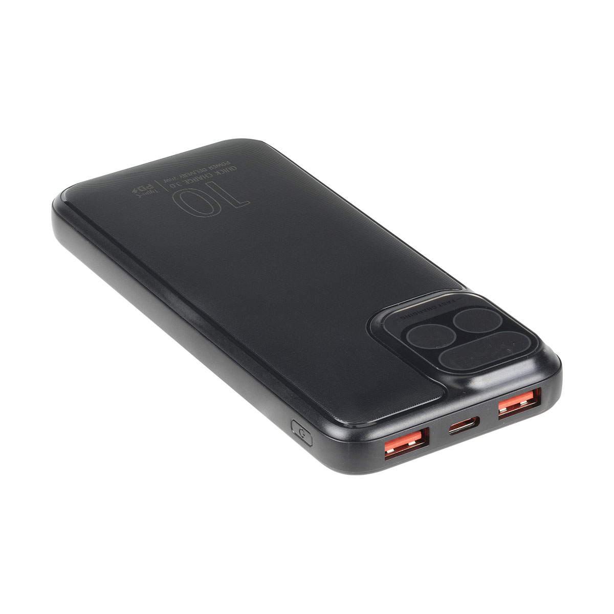 Batterie externe noire avec deux ports USB. La batterie externe porte le numéro 10 et le texte "PD 10W".