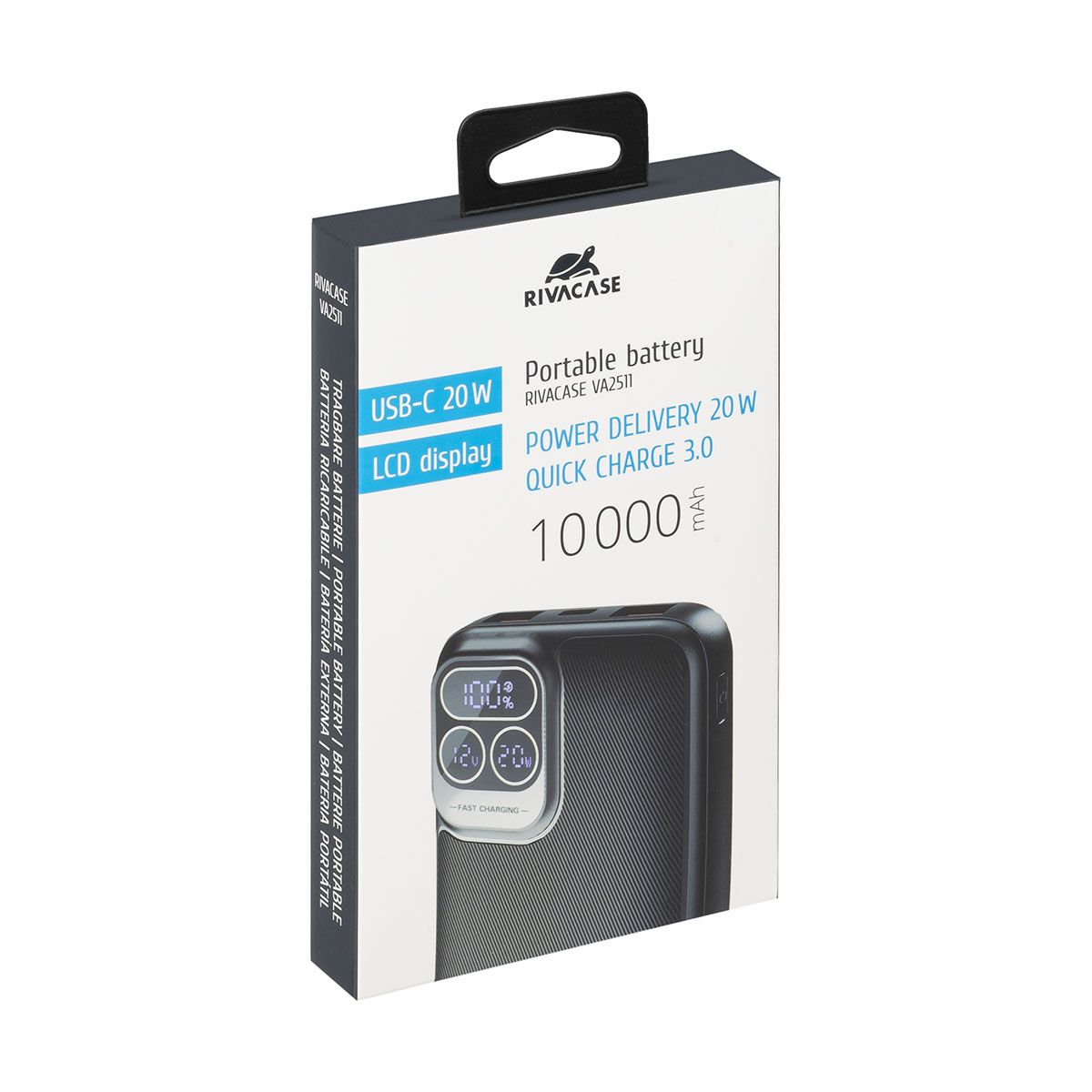 Boîte de batterie portable noire et blanche avec écran LCD et texte.
