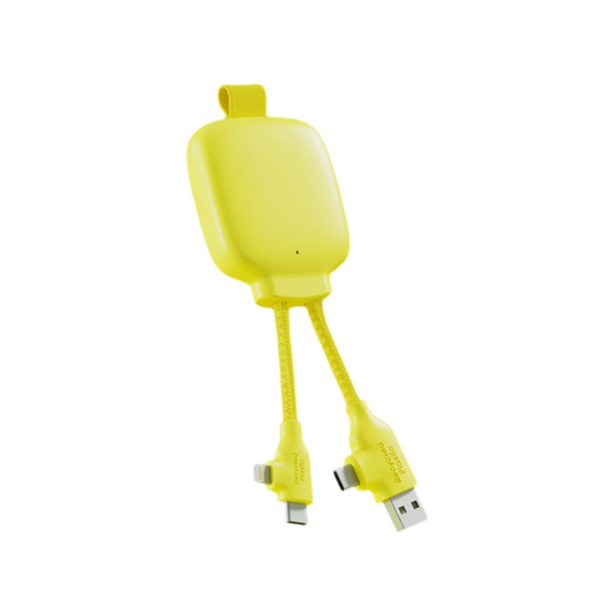 Gelbes Multi-Connector-Kabel. USB-, Lightning- und USB-C-Anschlüsse. Weißer Hintergrund.