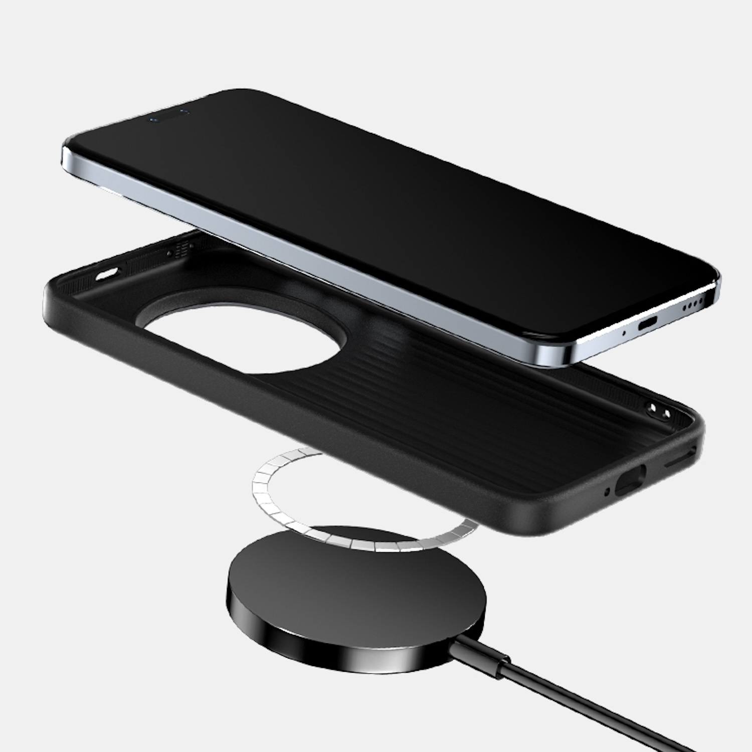 Schwarze Handyhülle mit Telefon oben und Ladestation unten. Weißer Hintergrund.