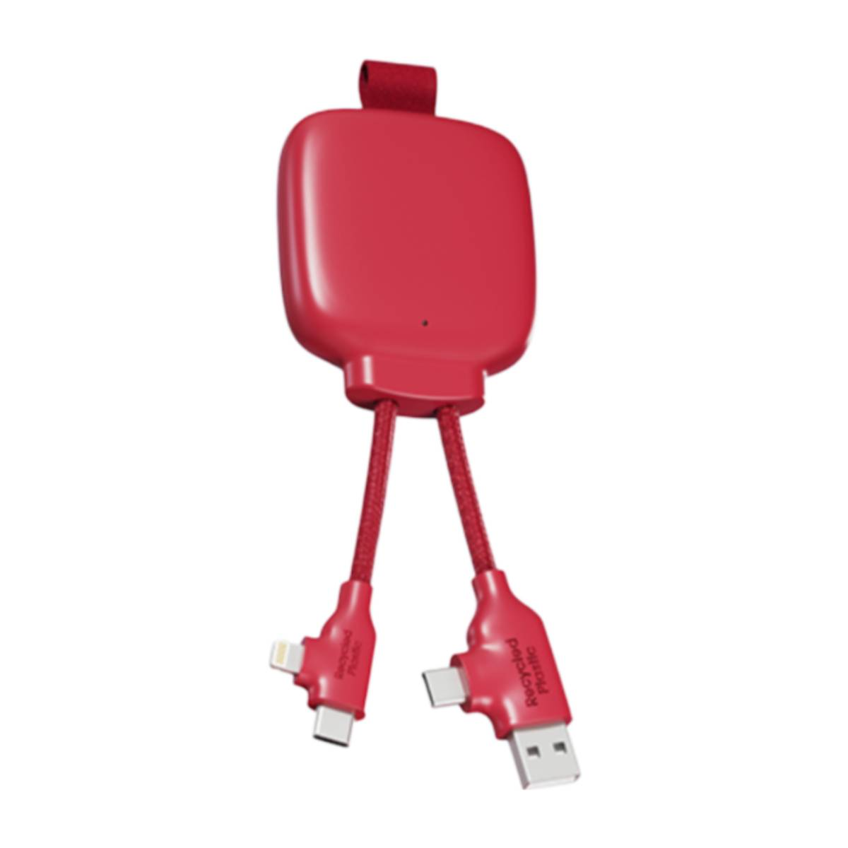 Rotes Ladegerät mit zwei Kabeln, eins für iPhone, eins für USB-C. Weißer Hintergrund.