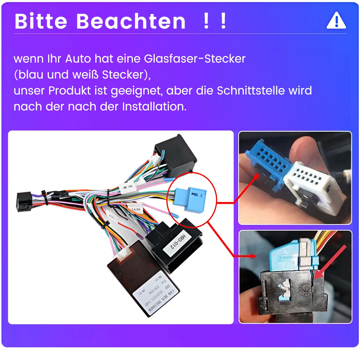 Diagramm mit Autokabeln, Steckern. Text auf Deutsch. Blaue und weiße Stecker.