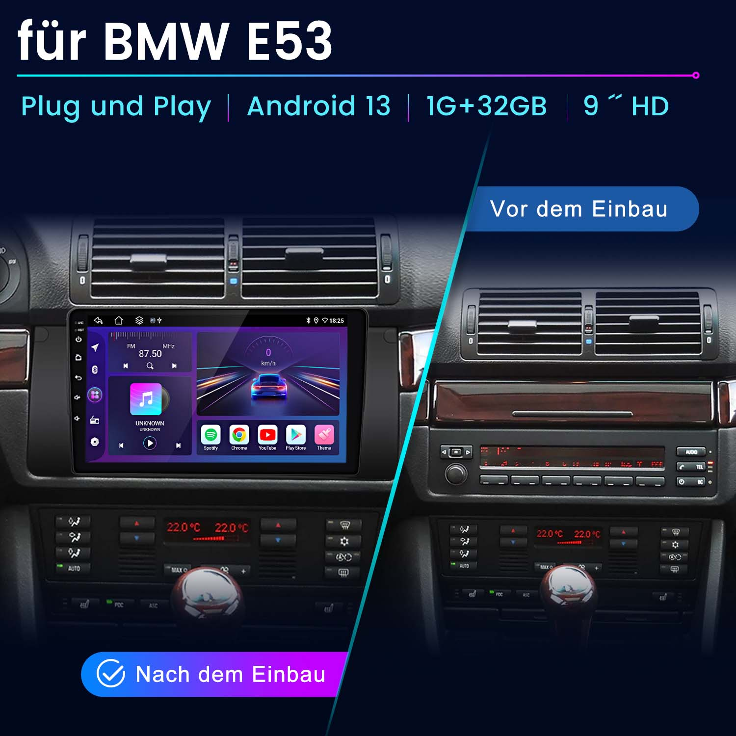 Autoradio mit Android 13, vor und nach der Installation.