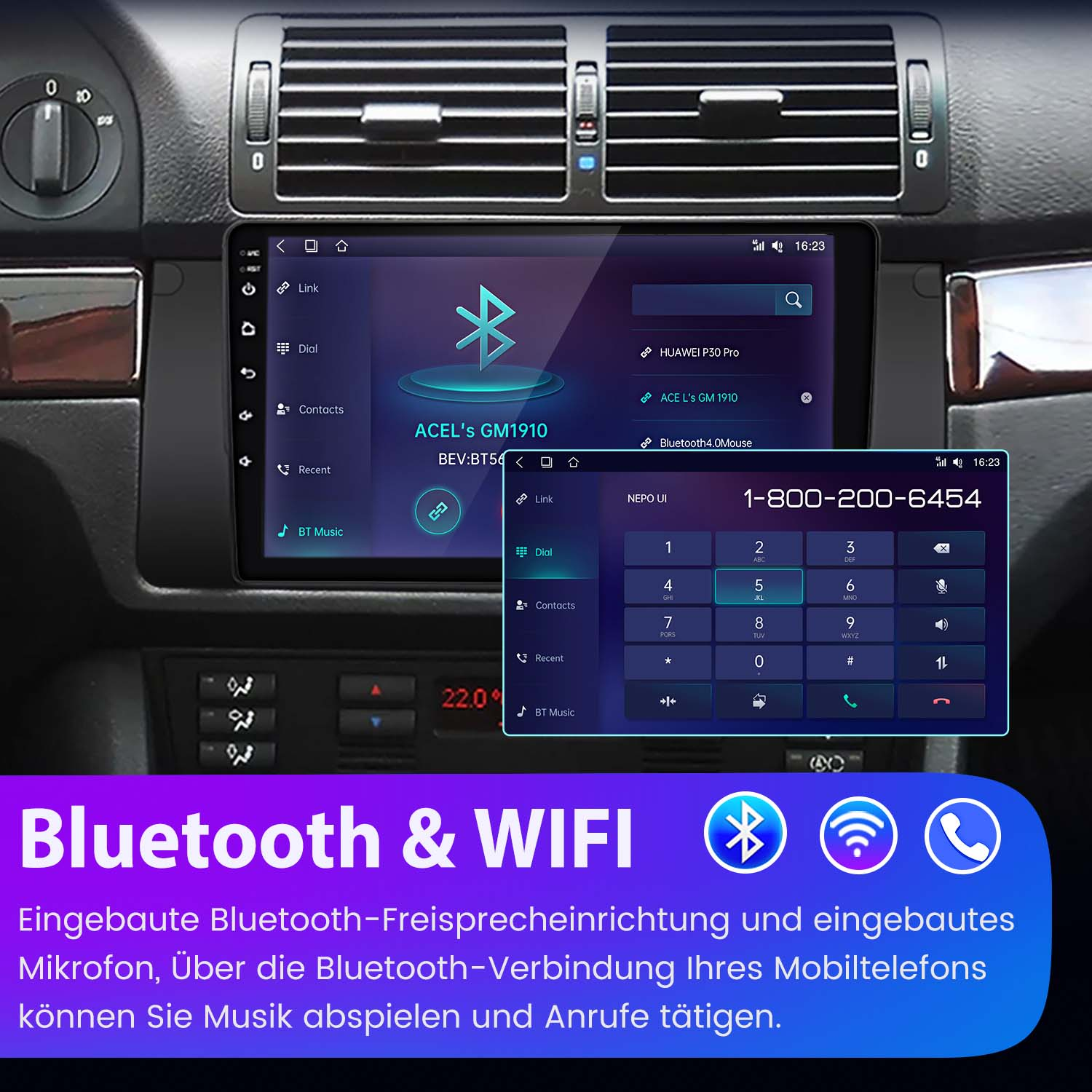 Autoradio-Bildschirm mit Benutzeroberfläche mit Bluetooth und WLAN.