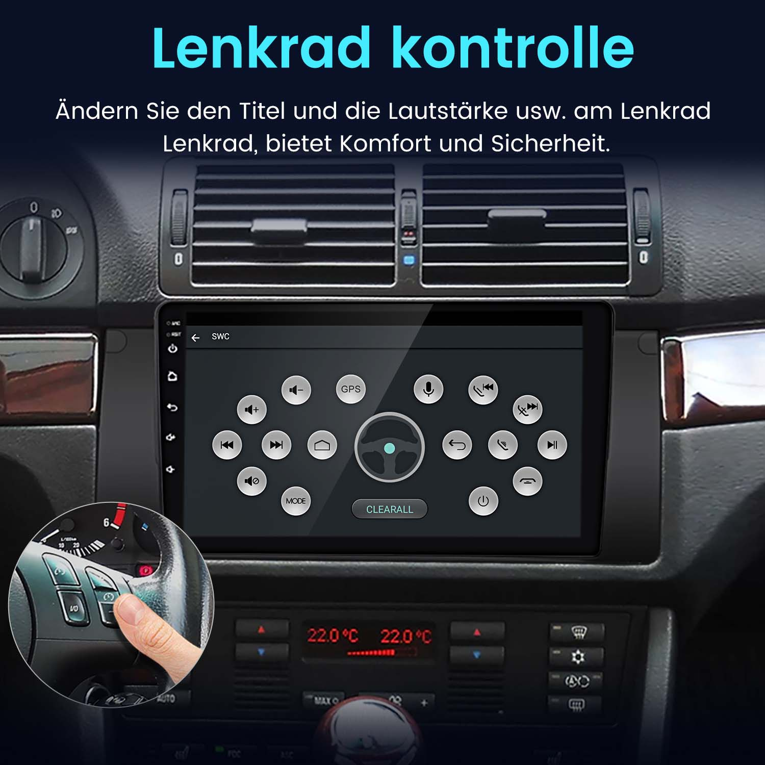 Armaturenbrett eines Autos mit Touchscreen, der Bedienelemente anzeigt. Eine Hand berührt eine Steuertaste.