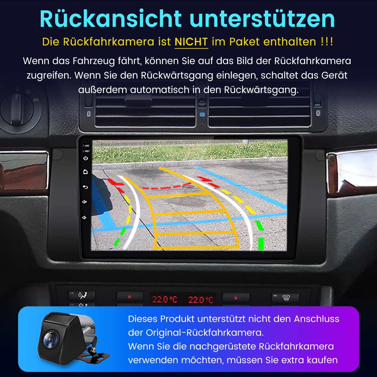 Ein Auto-Dashboard-Bildschirm, der eine Rückfahrkameraansicht und eine Nahaufnahme der Kamera zeigt.