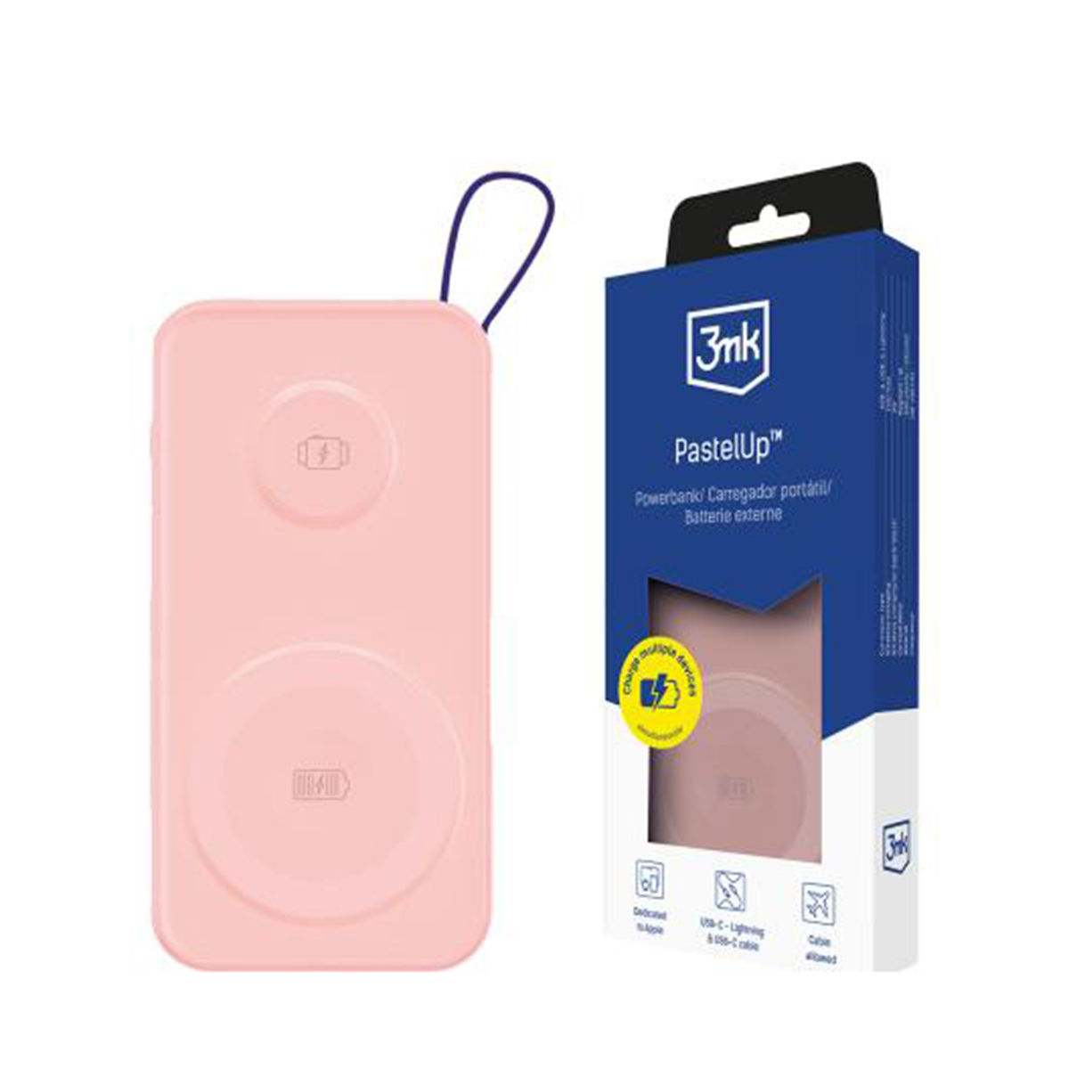 Różowy power bank i pudełko. Pudełko ma nazwę PastelUp i grafikę power banku.