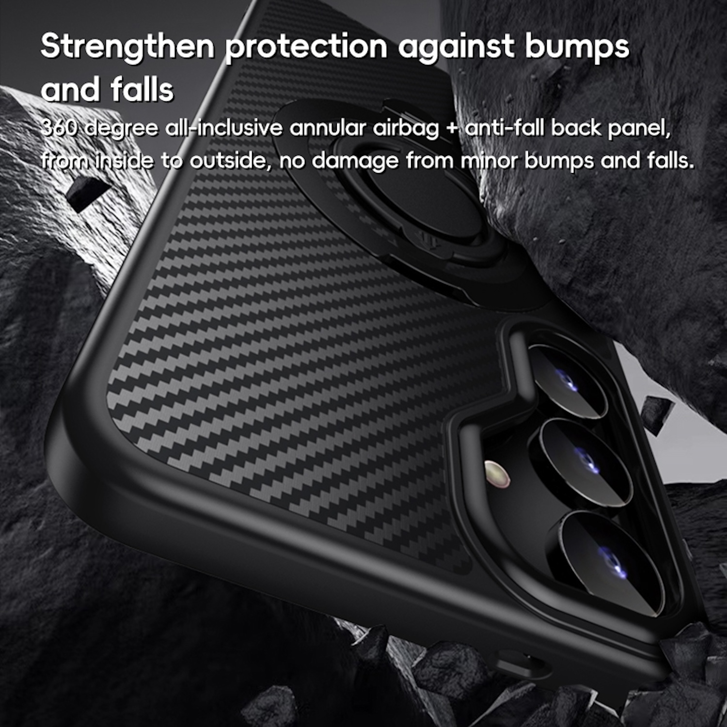 Una funda de teléfono negra sobre una superficie rocosa. Enfatiza la protección contra golpes y caídas.