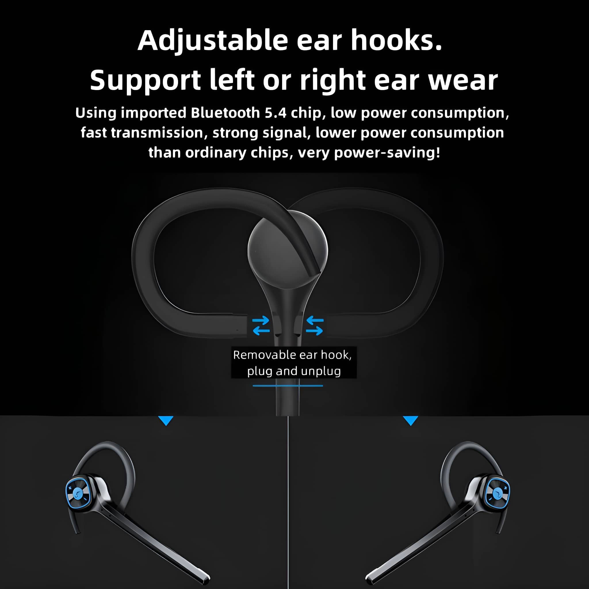 Kabelloses Headset mit Ohrbügeln. Text: Verstellbare Ohrbügel. Unterstützung für linkes oder rechtes Ohr.