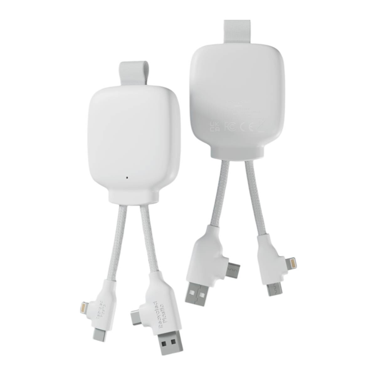 Due caricabatterie USB bianchi e compatti con più connettori, ciascuno con un anello.