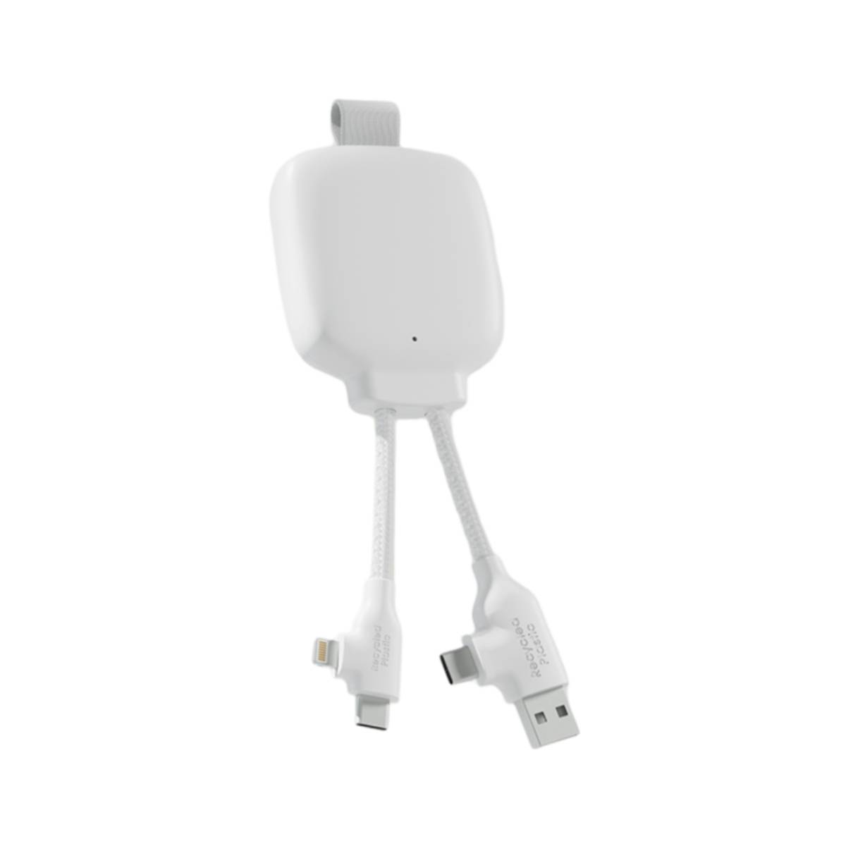 Cavo di ricarica bianco con due connettori, uno per USB, uno per telefono.
