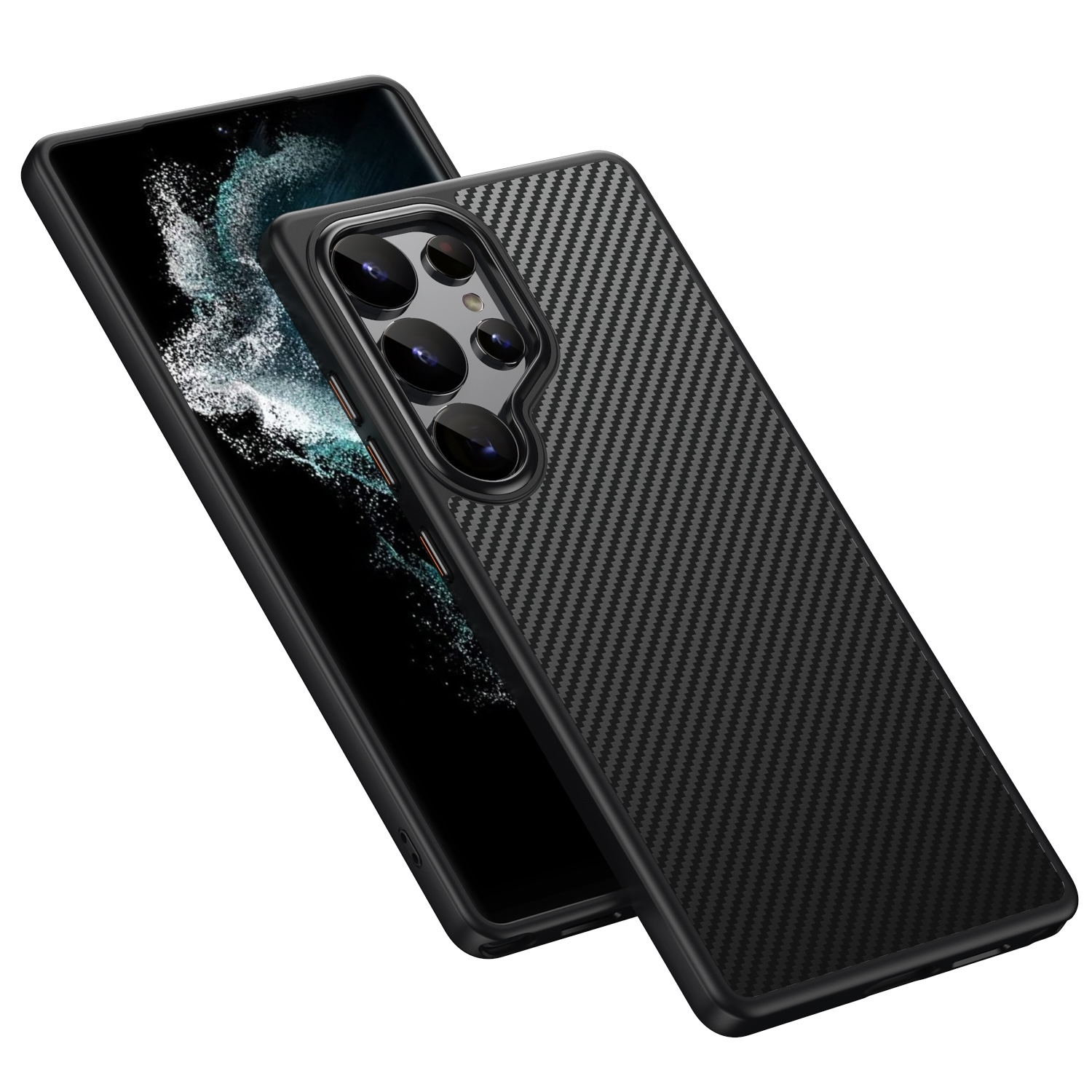 Teléfono negro con funda de fibra de carbono, ligeramente angulado, sobre fondo blanco.