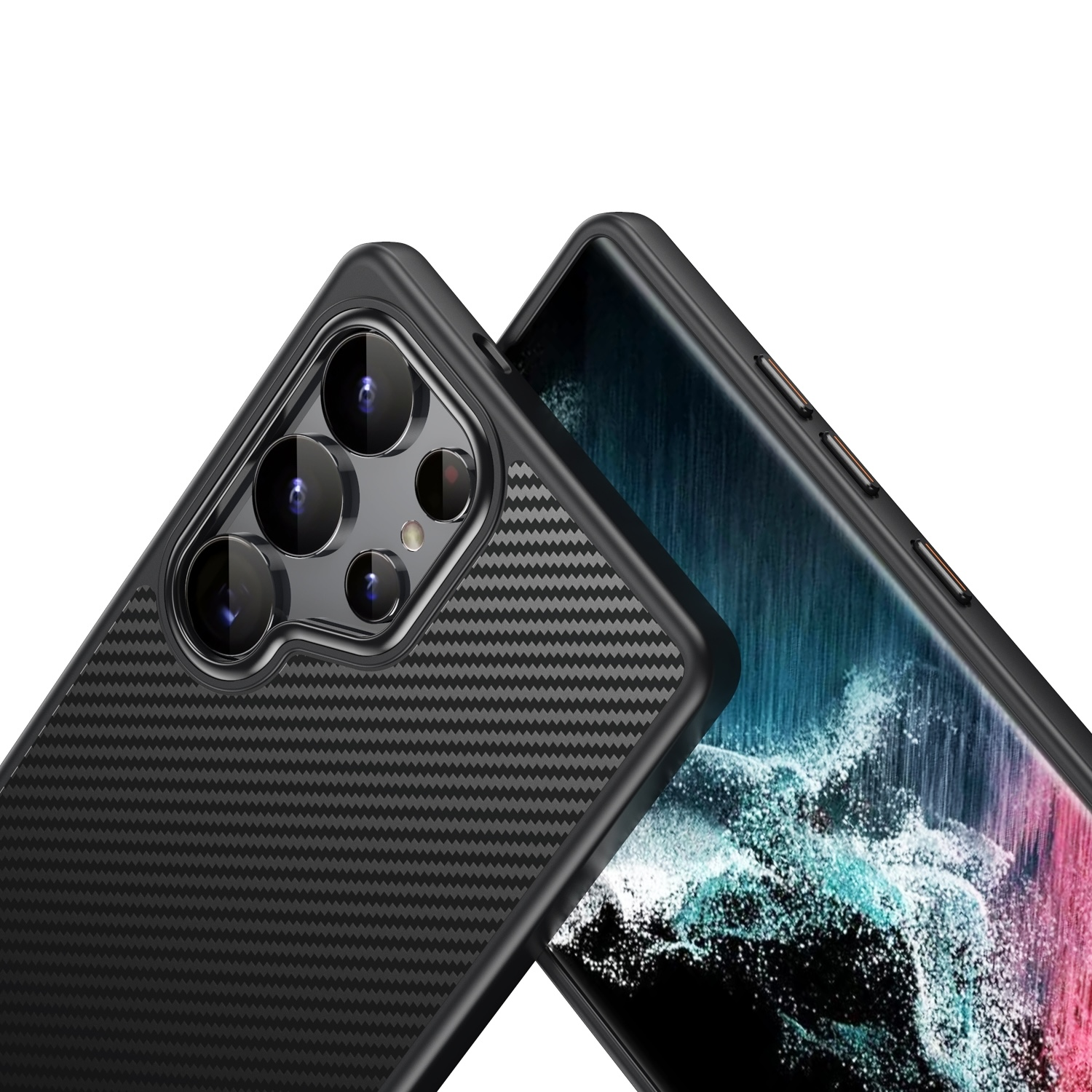 Dos fundas negras para teléfono con recortes para cámara, una encima de la otra.