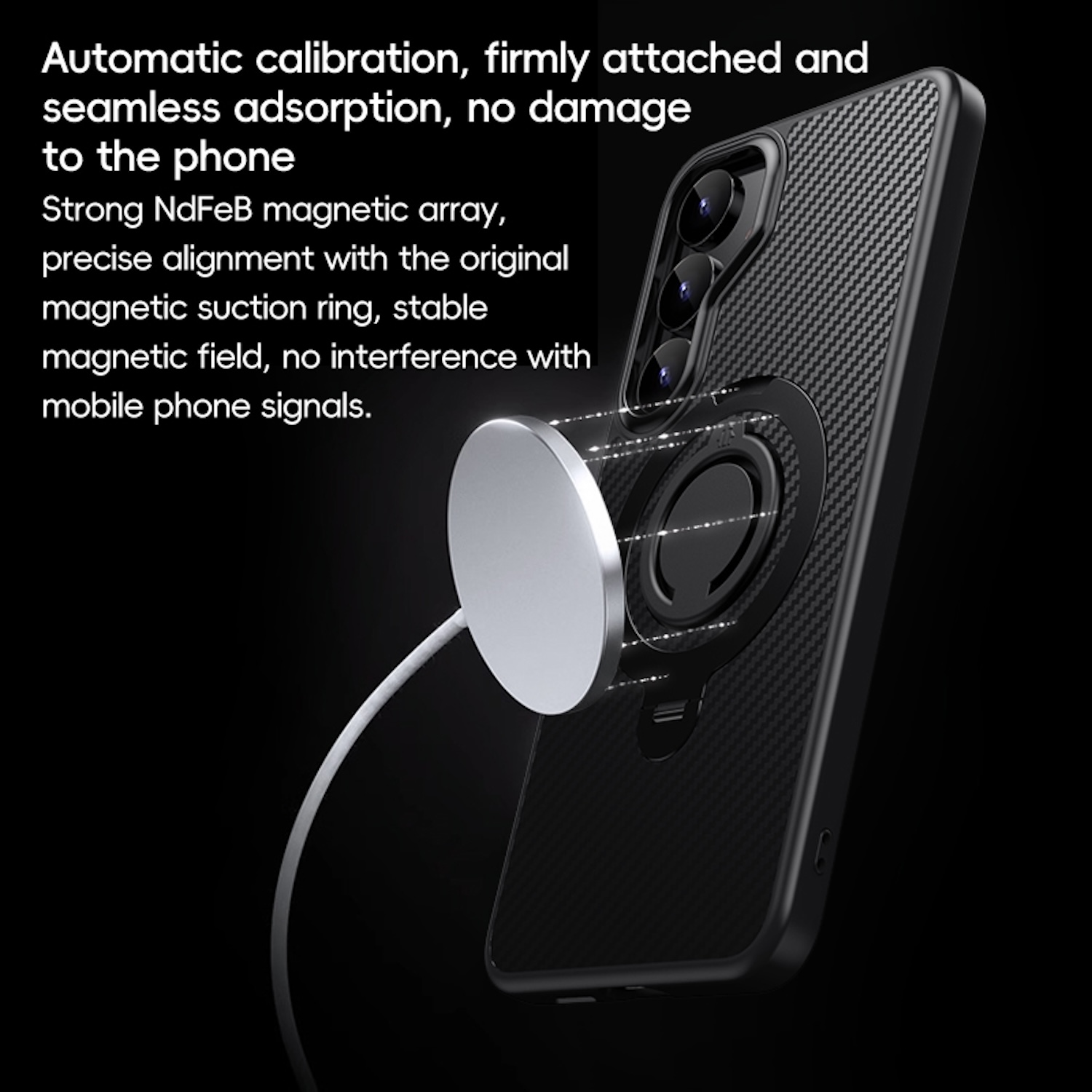 Funda negra para teléfono con un anillo magnético y un cable blanco.