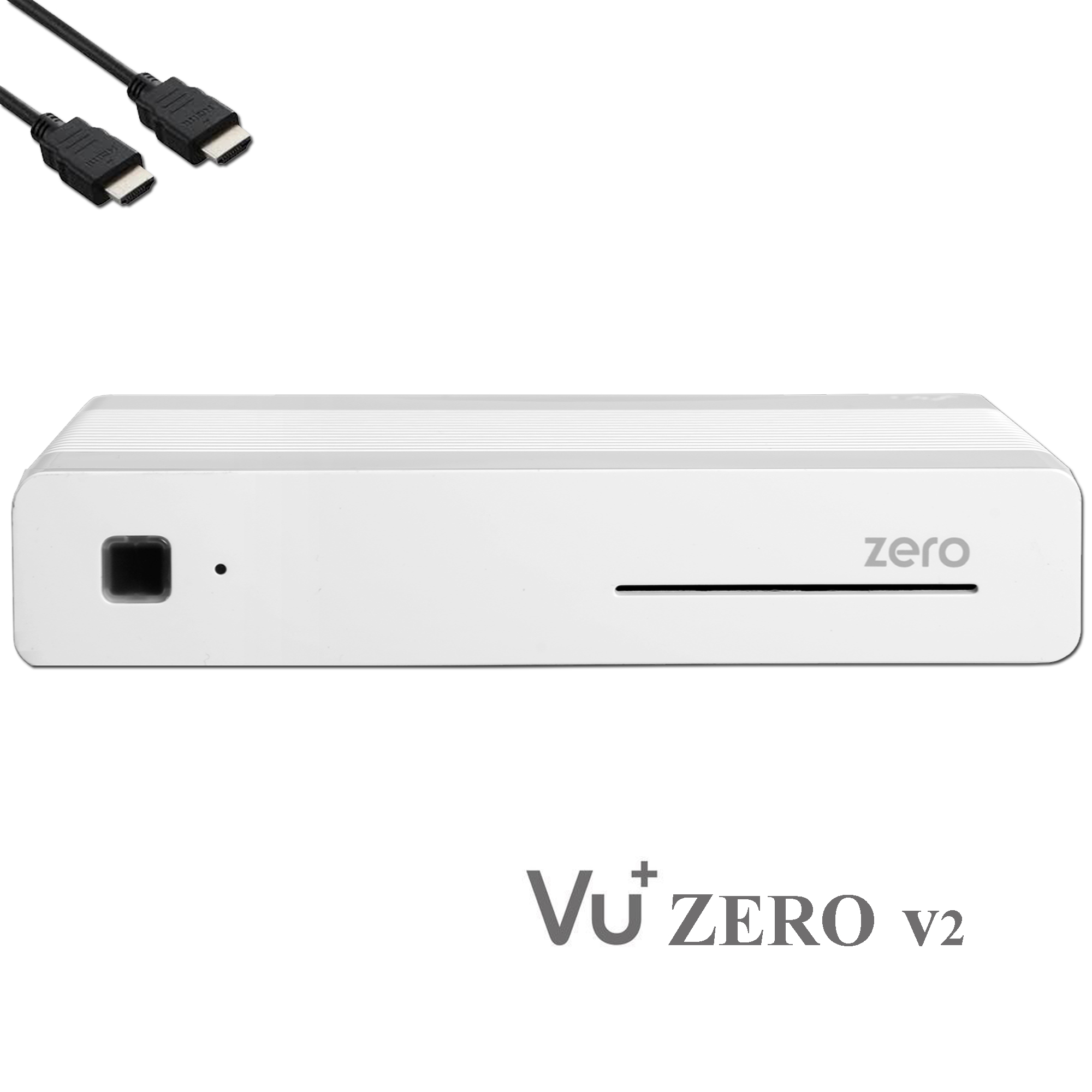 Weißer Vu+ Zero v2 Receiver mit HDMI-Kabeln. Sauberes Design mit schwarzem Logo und Details.