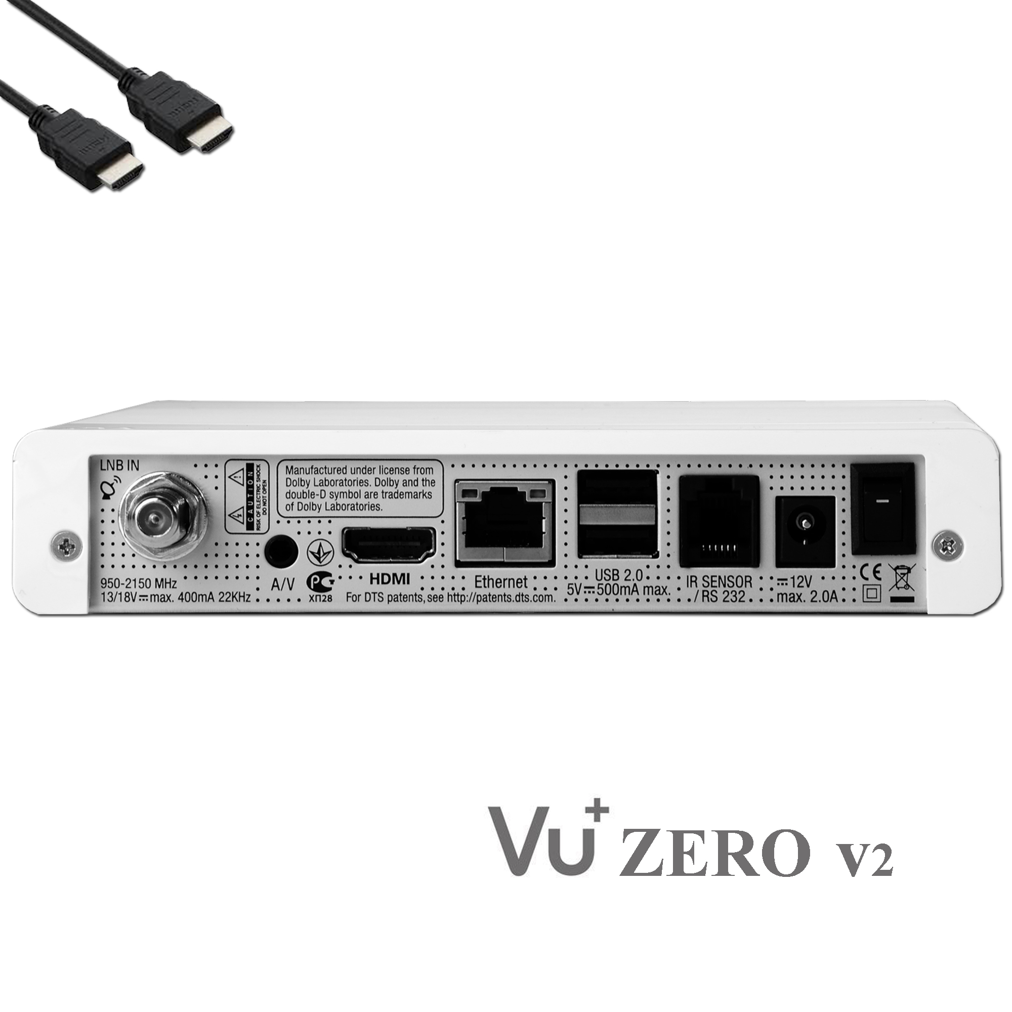 Weißer Vu+ Zero v2 Receiver mit Anschlüssen, Kabeln und Logo.