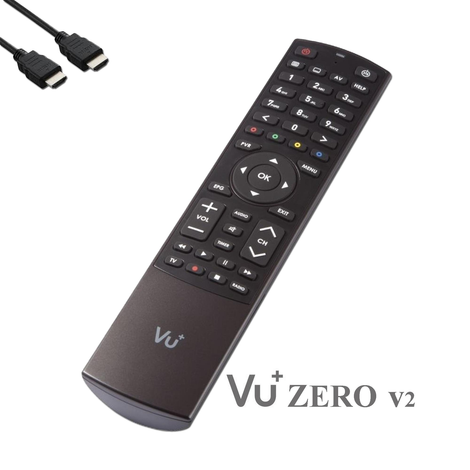 Schwarze Fernbedienung mit verschiedenen Tasten, Vu+ Logo und zwei HDMI-Kabeln.